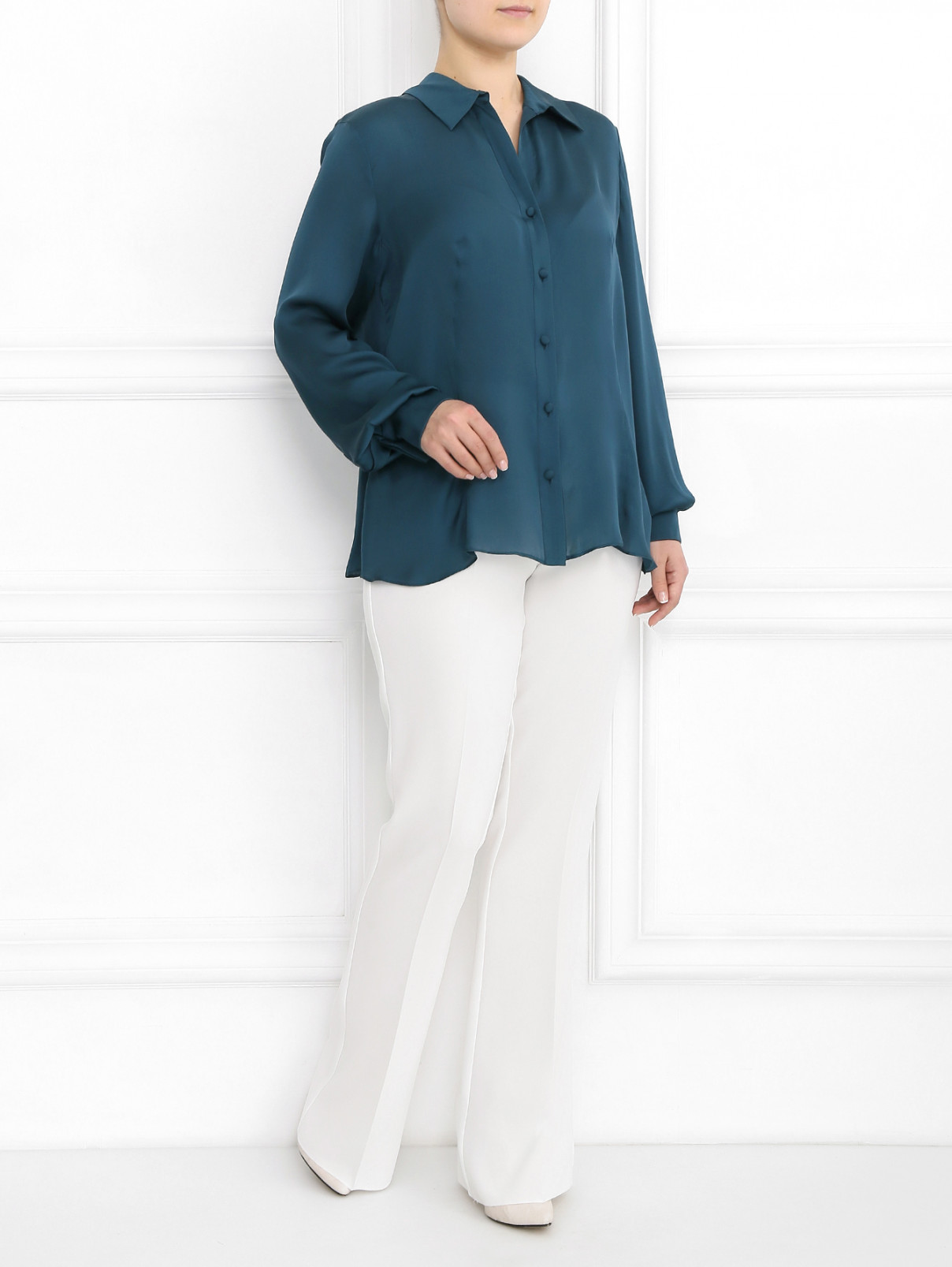 Блуза из шелка асимметричного кроя с отделкой из кружева Marina Rinaldi  –  Модель Общий вид  – Цвет:  Зеленый