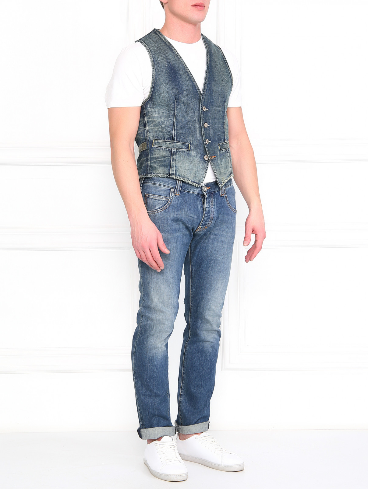 Жилет из денима с потертостями Armani Jeans  –  Модель Общий вид  – Цвет:  Синий
