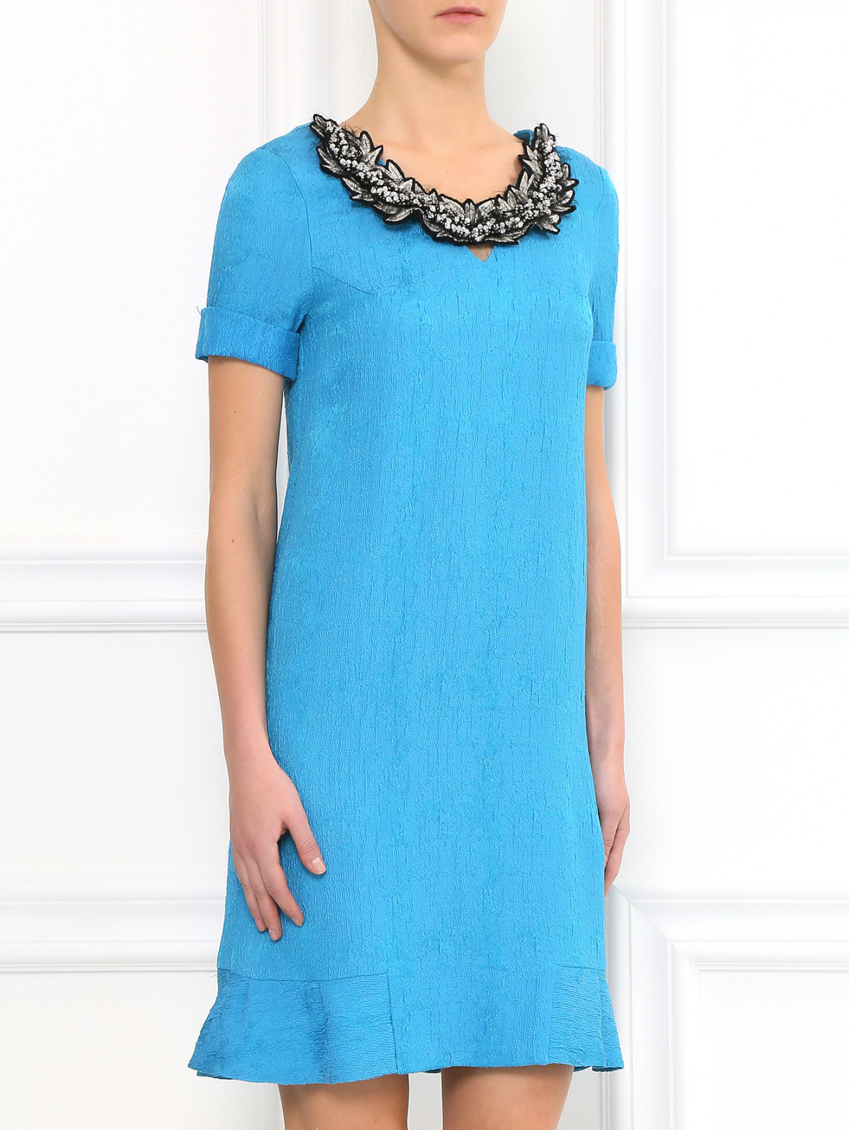 Платье из смешанного шелка декорированное стразами JO NO FUI  –  Модель Верх-Низ  – Цвет:  Синий