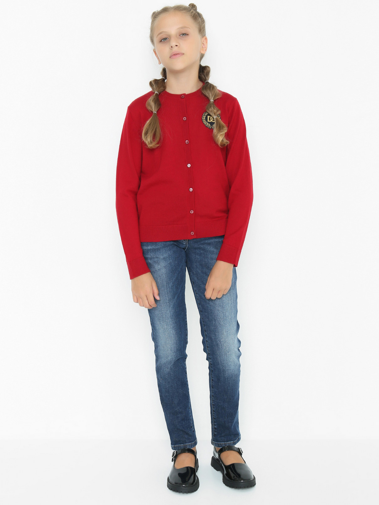 Шерстяной кардиган с аппликацией Dolce & Gabbana  –  МодельОбщийВид  – Цвет:  Красный