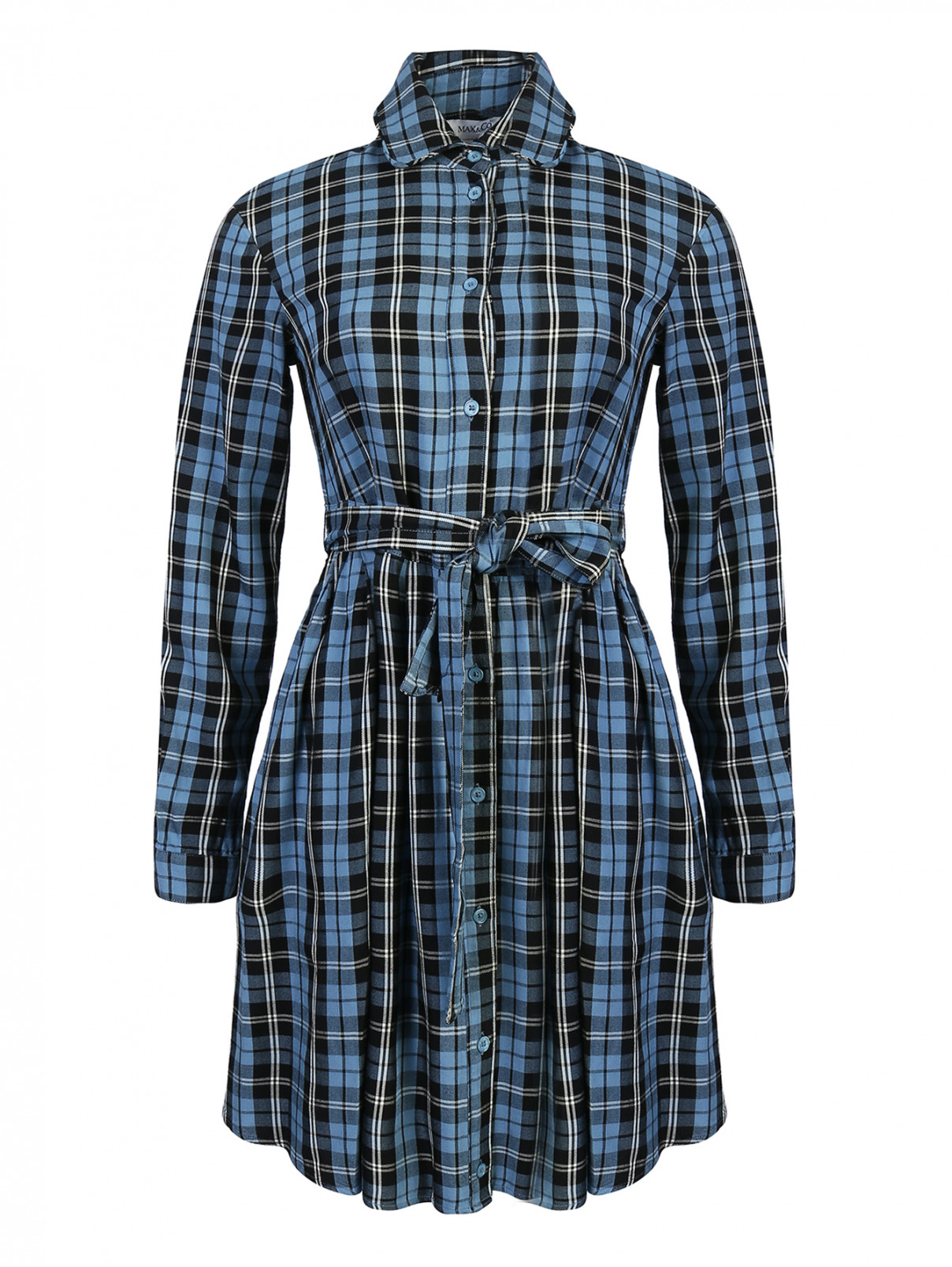 Платье из ткани в клетку со складками на талии Max&Co  –  Общий вид  – Цвет:  Синий
