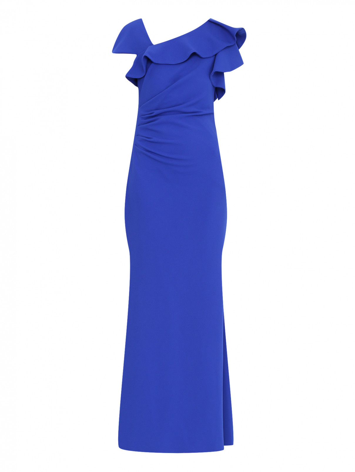 Платье-макси с драпировкой и воланом на груди Badgley Mischka  –  Общий вид  – Цвет:  Синий