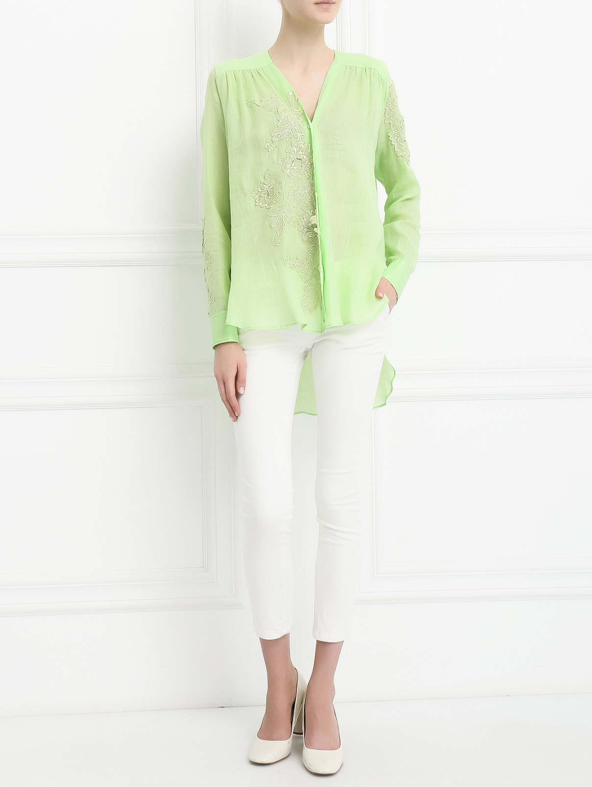 Блуза  ассиметричного кроя с отделкой Ermanno Scervino  –  Модель Общий вид  – Цвет:  Зеленый