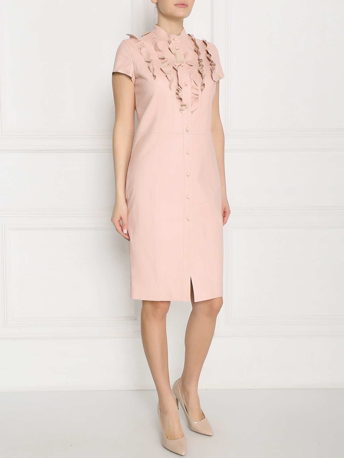 Платье-футляр из кожи с декоративной отделкой DROMe  –  Модель Общий вид  – Цвет:  Розовый