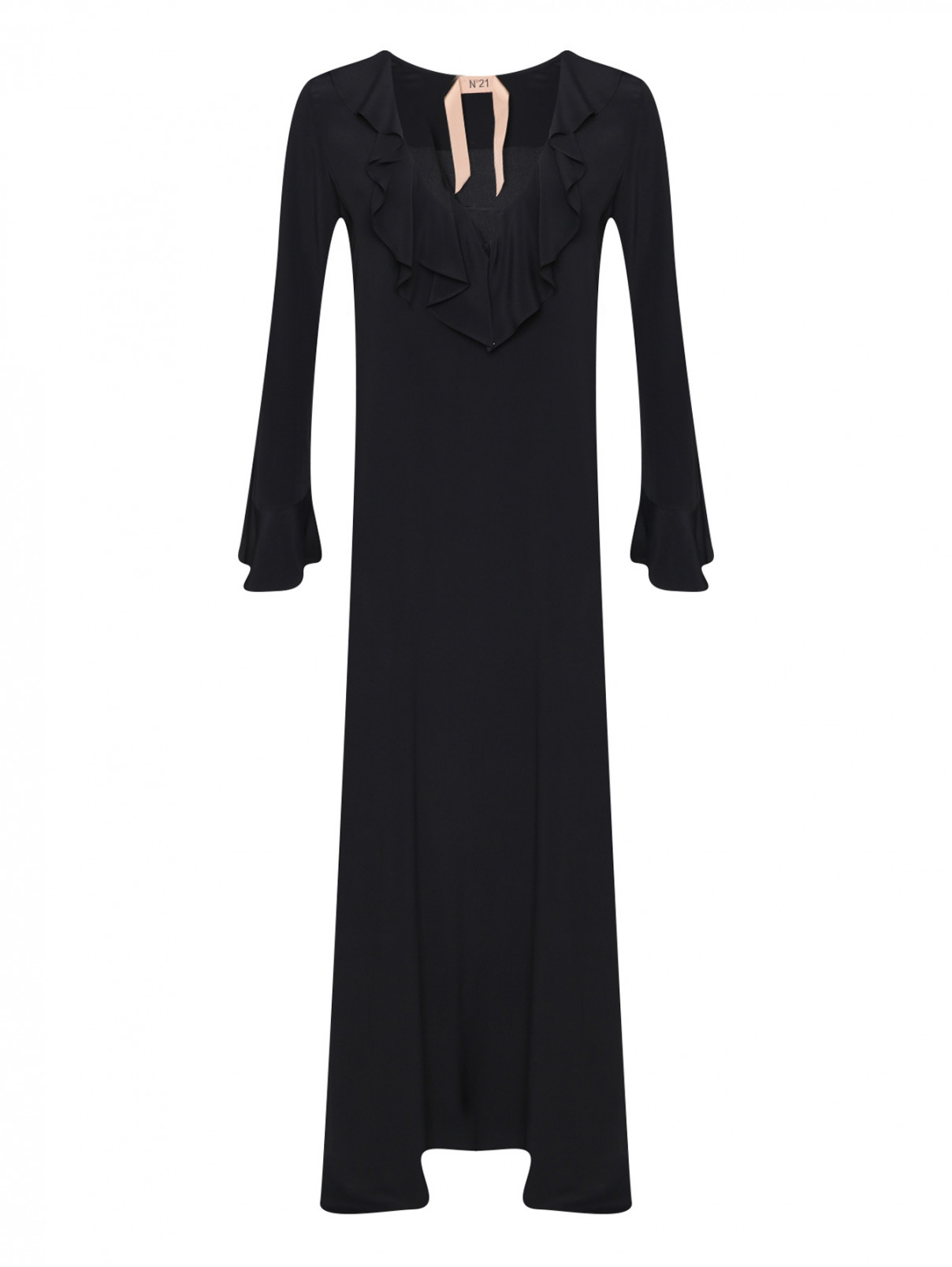 Платье-макси из смешанного шелка с воланами N21  –  Общий вид  – Цвет:  Черный