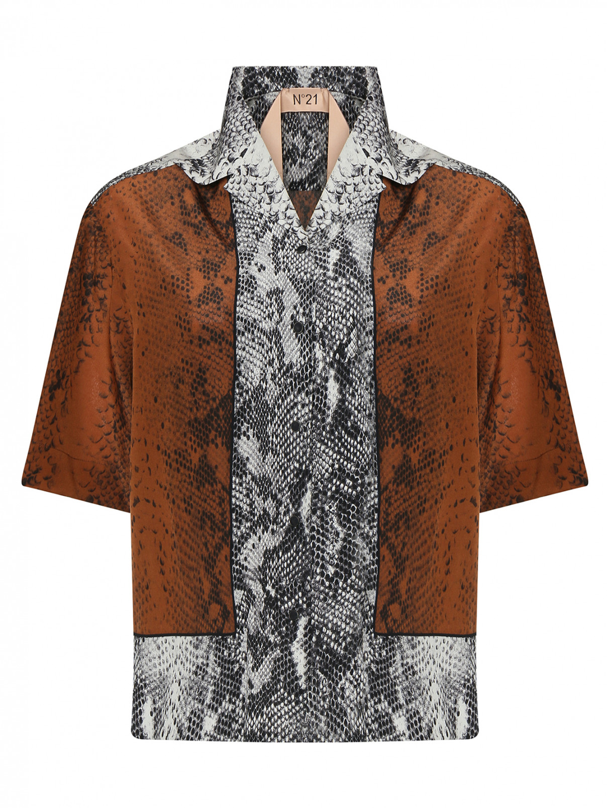 Блуза шелковая с животным узором N21  –  Общий вид  – Цвет:  Коричневый