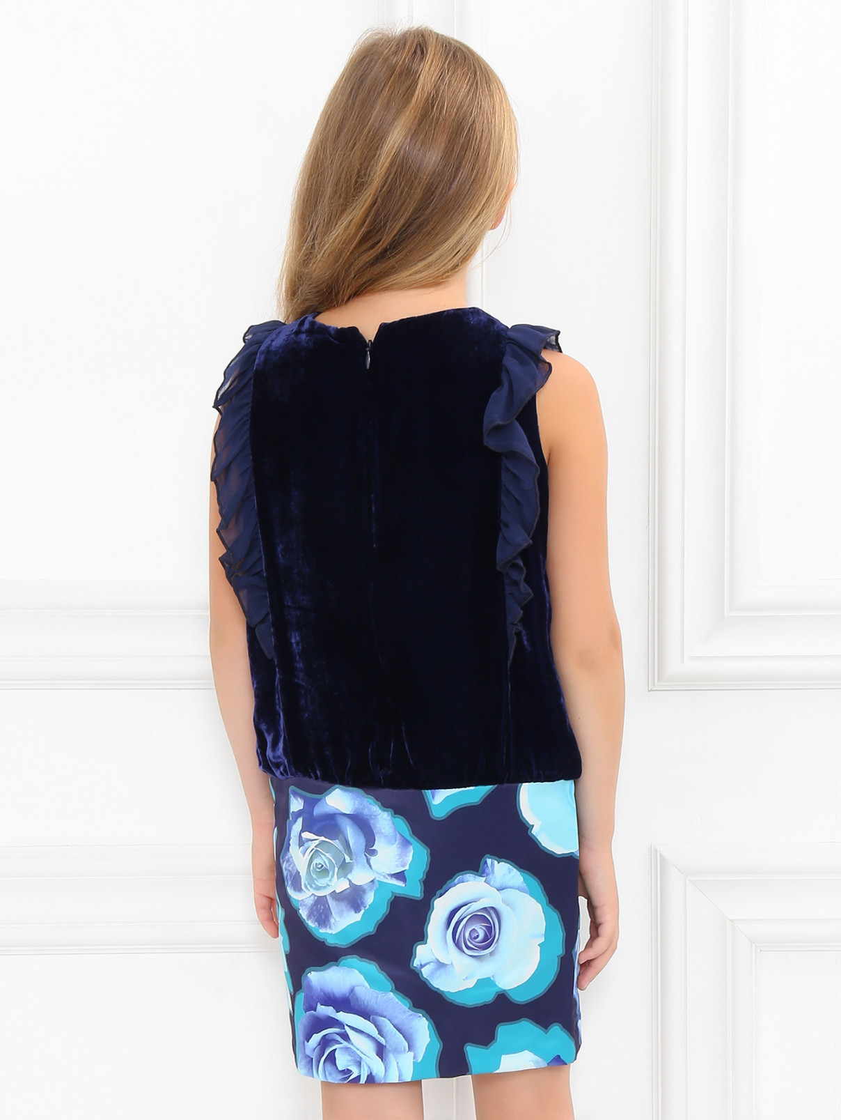Бархатное платье с юбкой с цветочным узором Miss Blumarine  –  Модель Верх-Низ1  – Цвет:  Синий