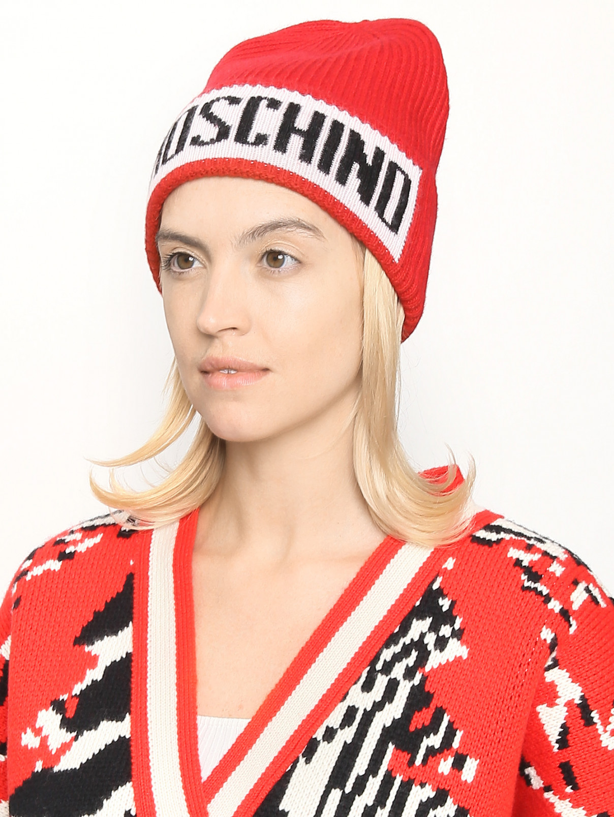 Шапка из смешанной шерсти с логотипом Moschino  –  МодельОбщийВид  – Цвет:  Красный