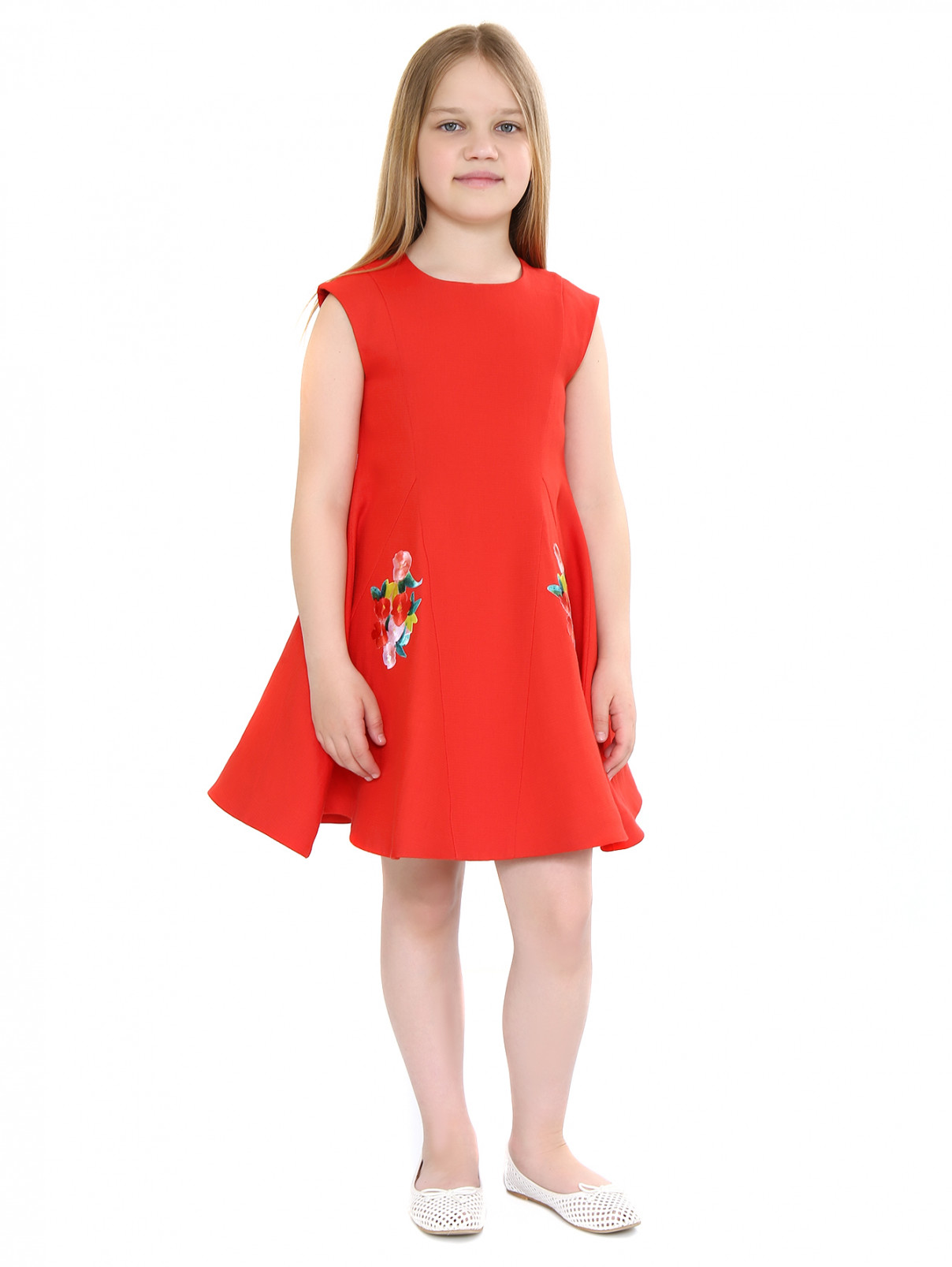 Платье из льна и хлопка декорированное вышивкой Baby Dior  –  Модель Общий вид  – Цвет:  Красный