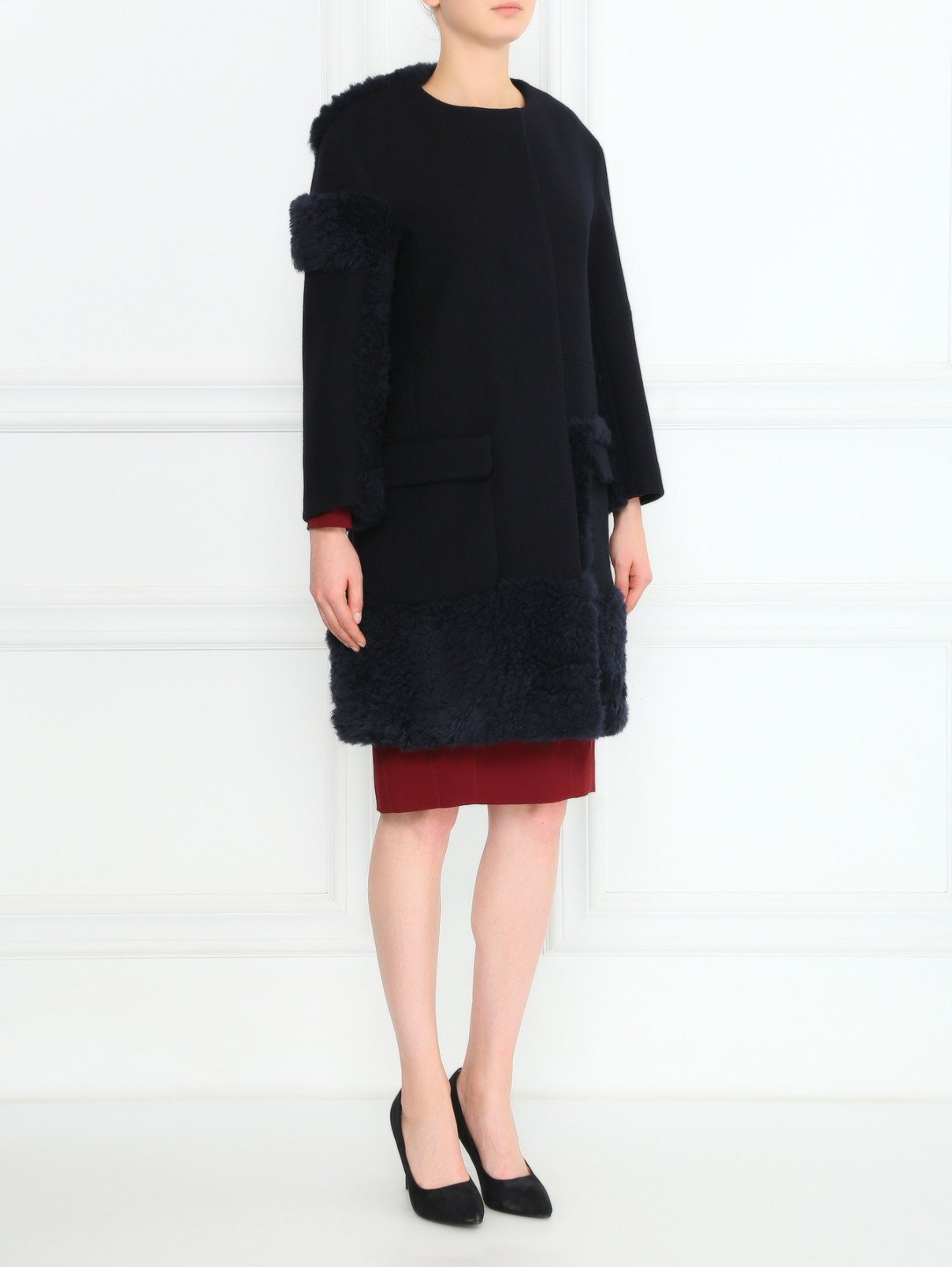 Пальто из шерсти с вставками из овчины Jil Sander  –  Модель Общий вид  – Цвет:  Черный