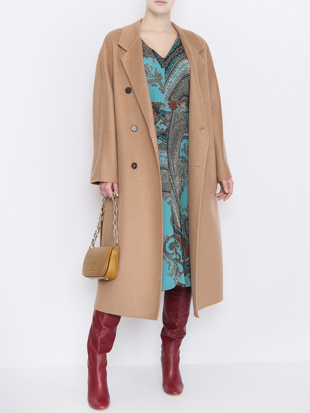 Пальто из шерсти с поясом Marina Rinaldi  –  МодельОбщийВид  – Цвет:  Бежевый