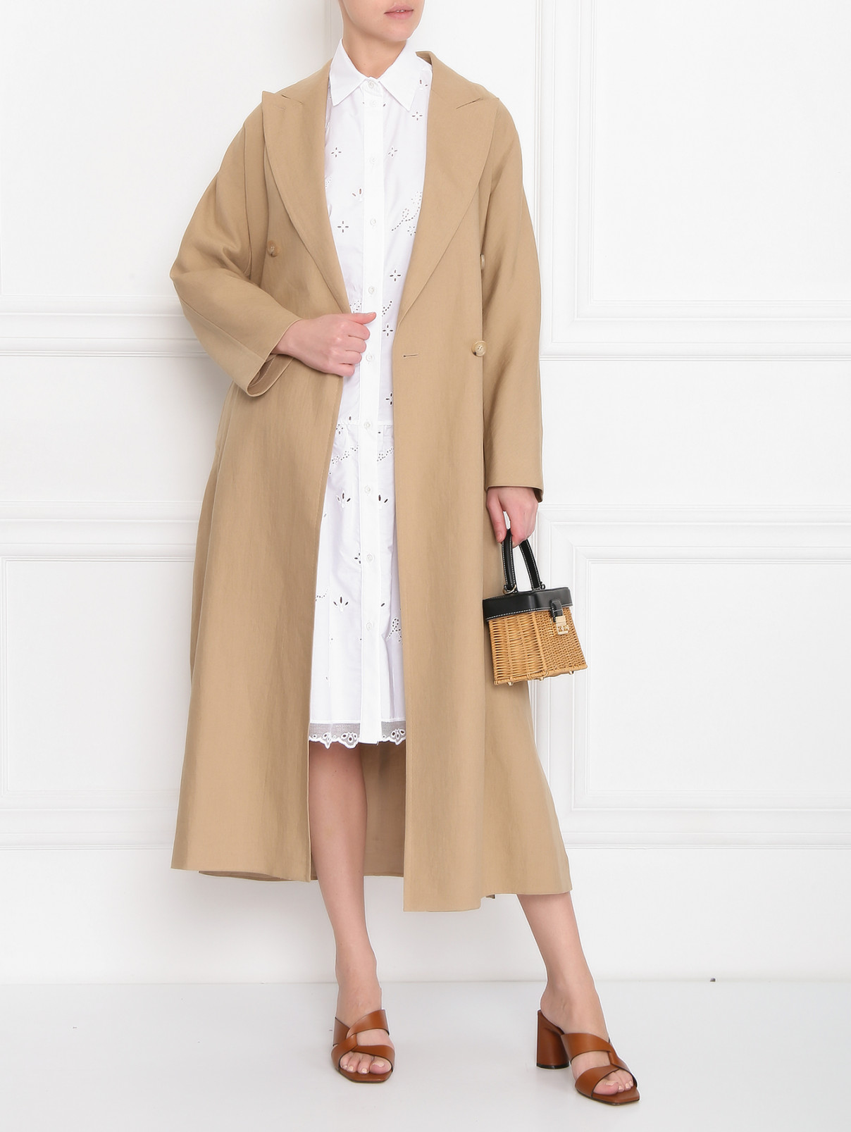 Двубортное пальто изо льна с карманами Max Mara  –  МодельОбщийВид  – Цвет:  Бежевый