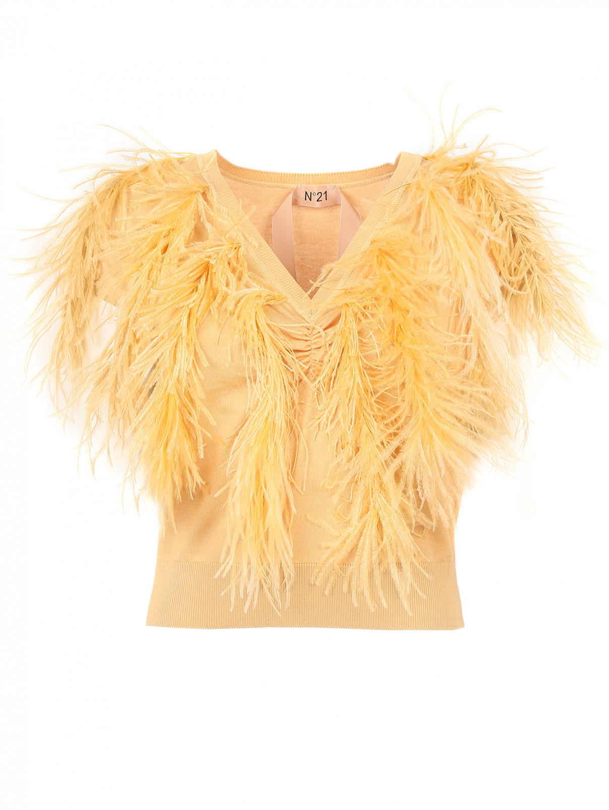 Джемпер из хлопка и шелка декорированный перьями страуса N21  –  Общий вид  – Цвет:  Желтый