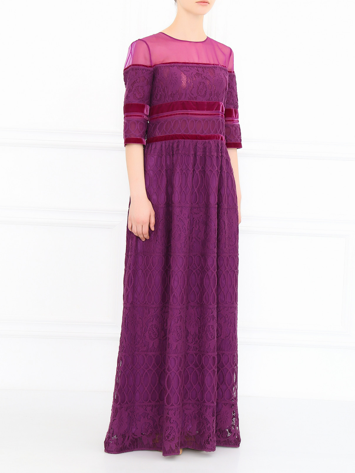 Платье-макси из хлопка с кружевными вставками Alberta Ferretti  –  Модель Общий вид  – Цвет:  Фиолетовый