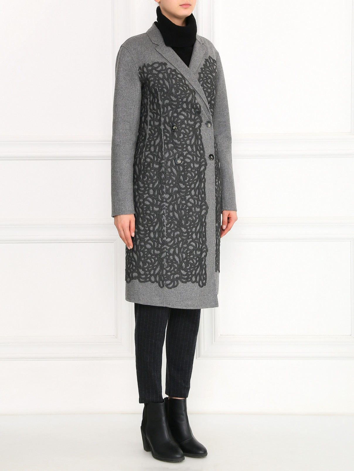 Двубортное пальто из шерсти с аппликацией Ermanno Scervino  –  Модель Общий вид  – Цвет:  Серый