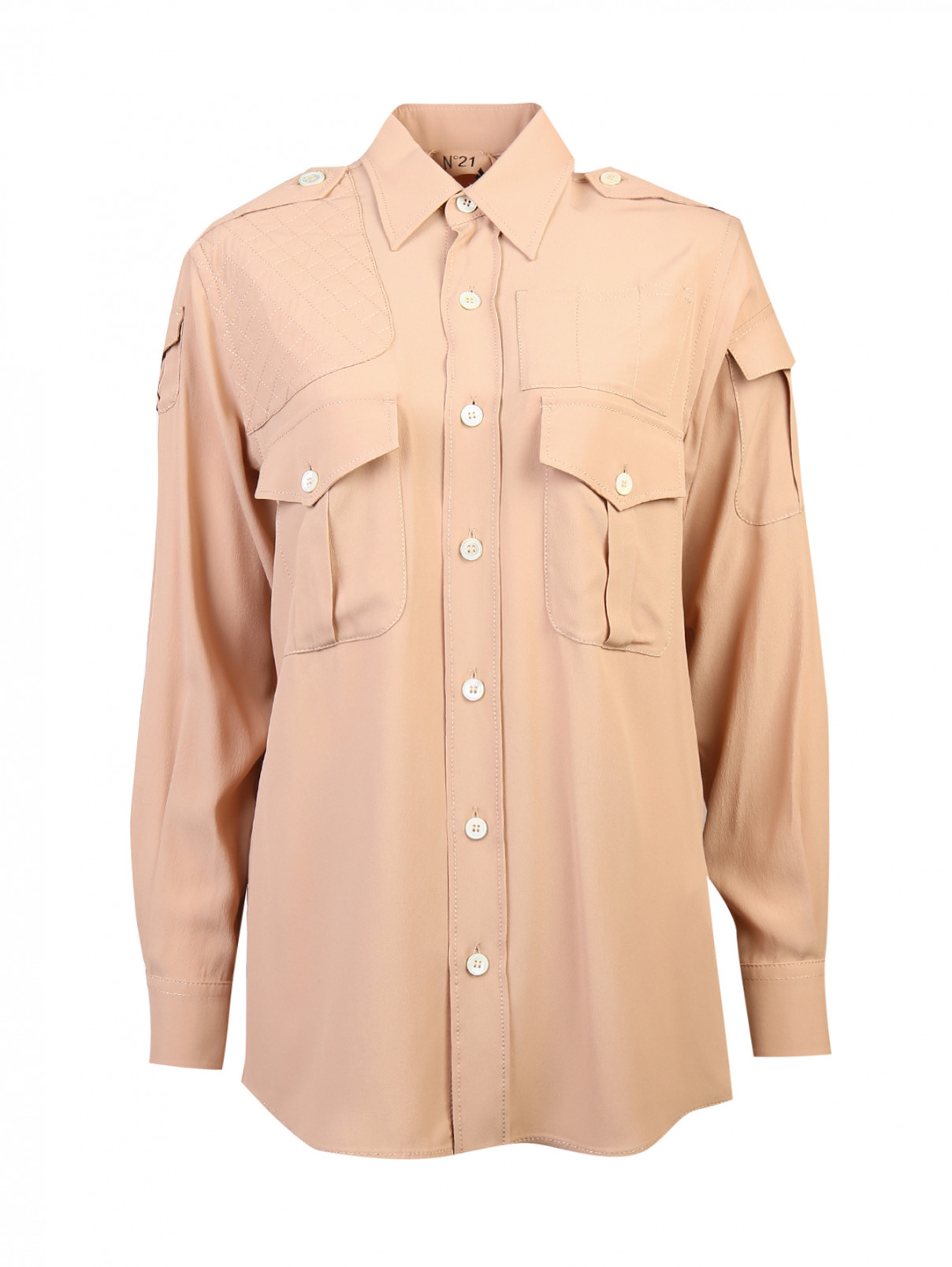 Блуза из смесового шелка с накладными карманами N21  –  Общий вид  – Цвет:  Розовый