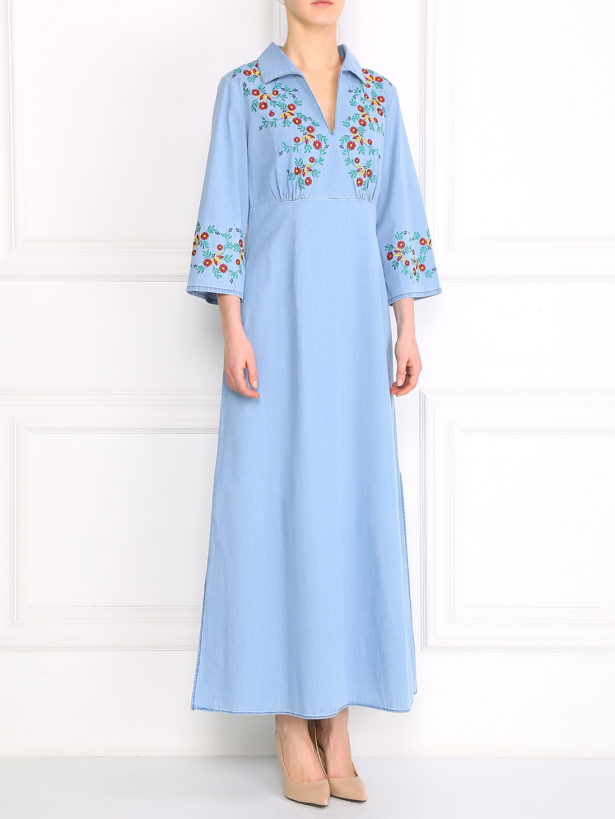 Платье-макси из денима декорированное вышивкой BOSCO  –  Модель Общий вид  – Цвет:  Синий