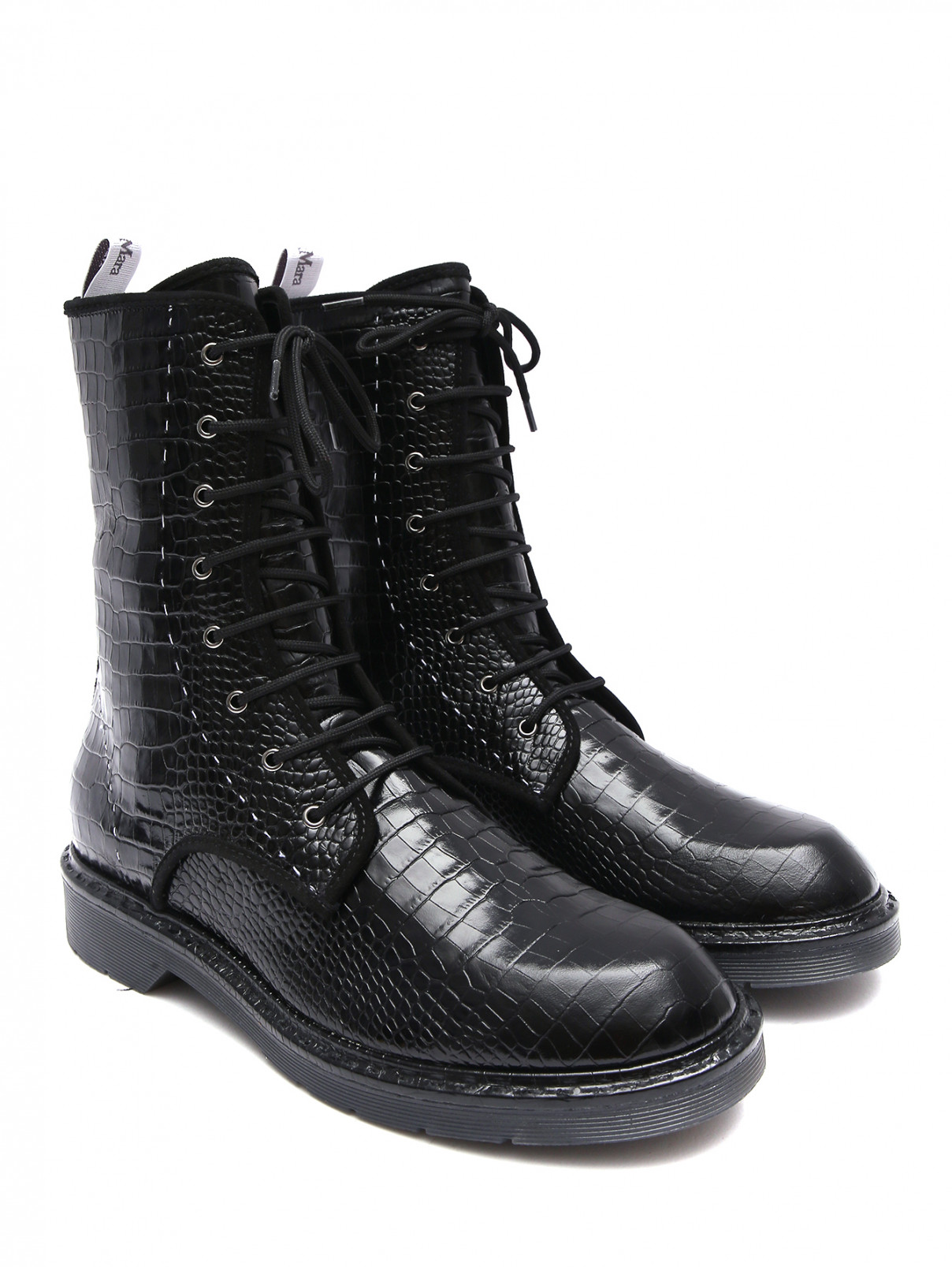 Высокие ботинки из фактурной кожи на шнурках Max Mara  –  Общий вид  – Цвет:  Черный