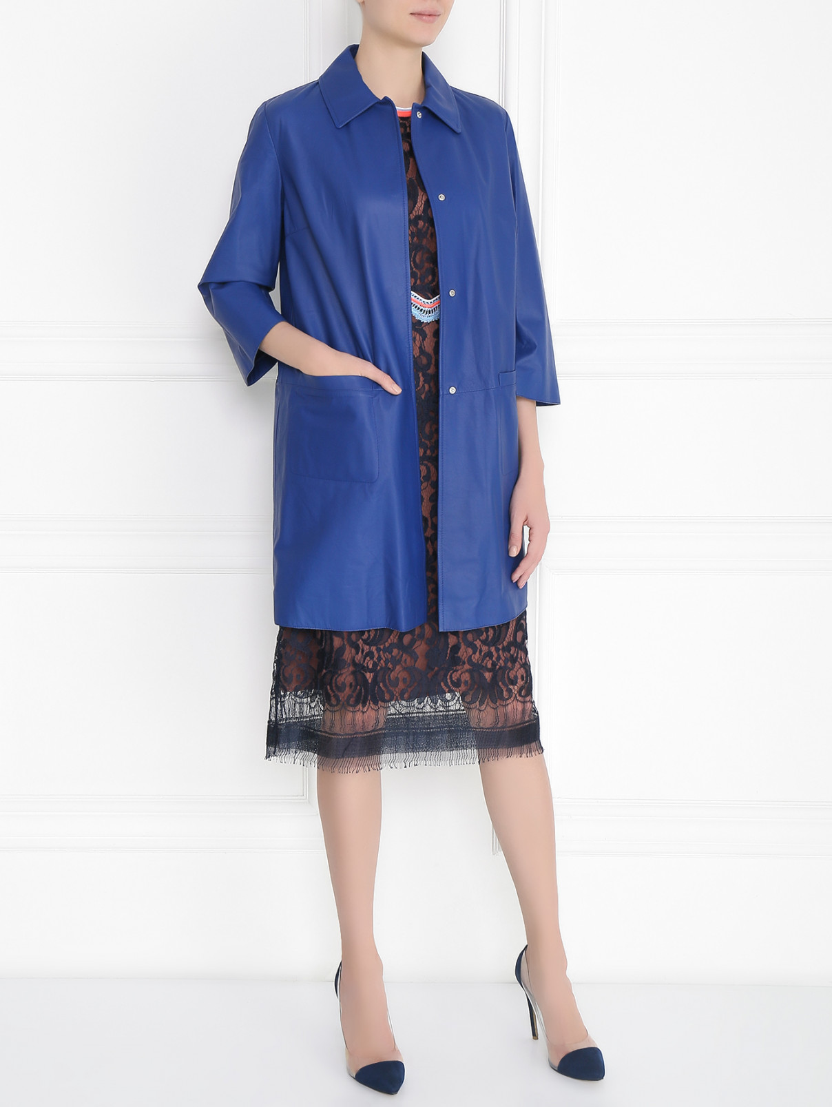 Укороченное однобортное пальто из кожи Fontanelli  –  Модель Общий вид  – Цвет:  Синий