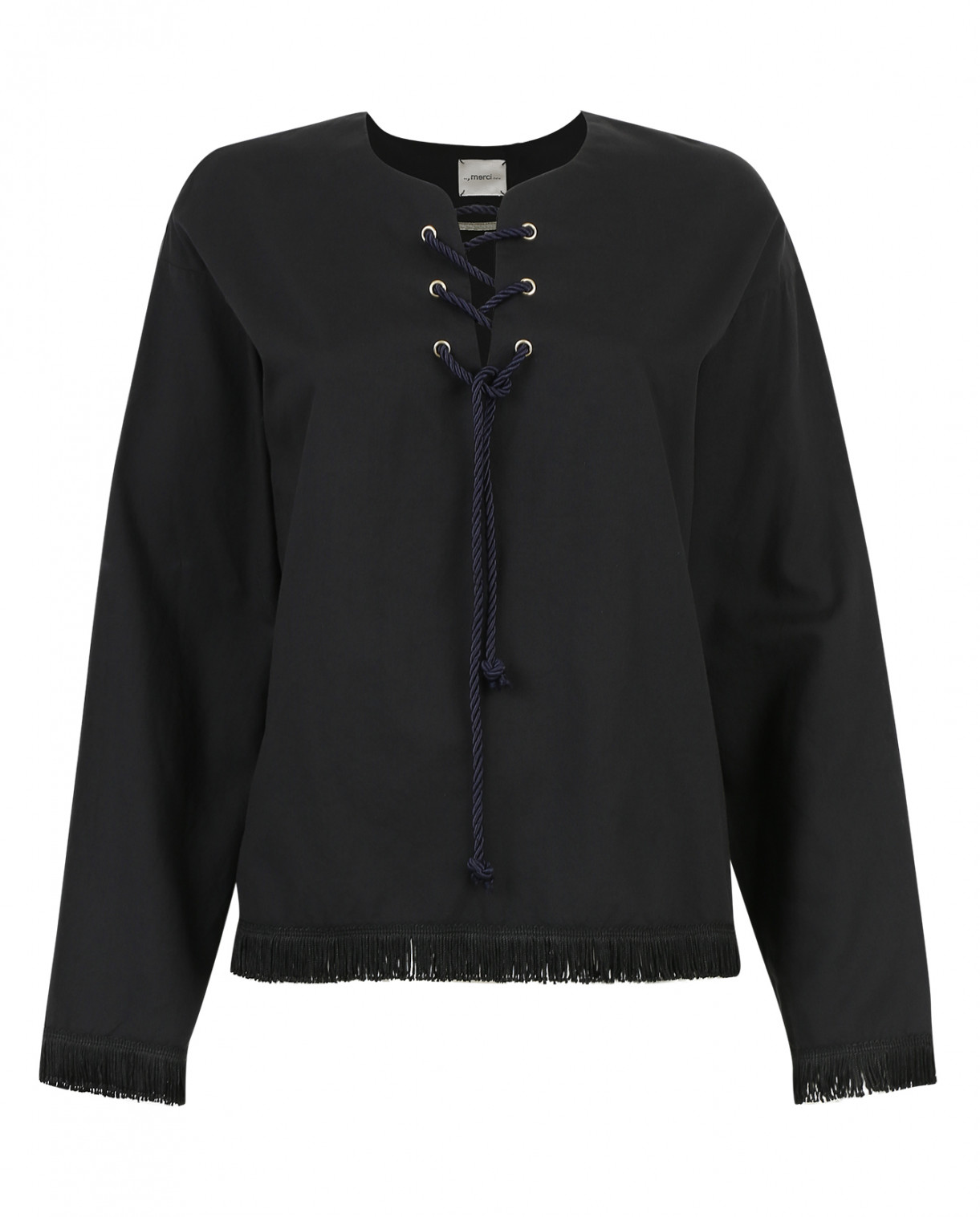 Хлопковая блуза с бахромой Merсi  –  Общий вид  – Цвет:  Черный