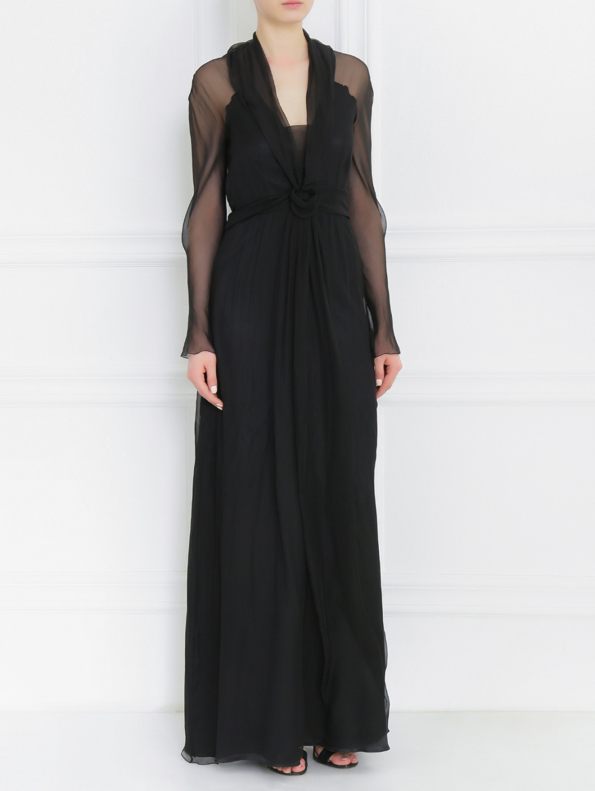 Платье-макси из шелка с драпировкой Alberta Ferretti  –  Модель Общий вид  – Цвет:  Черный