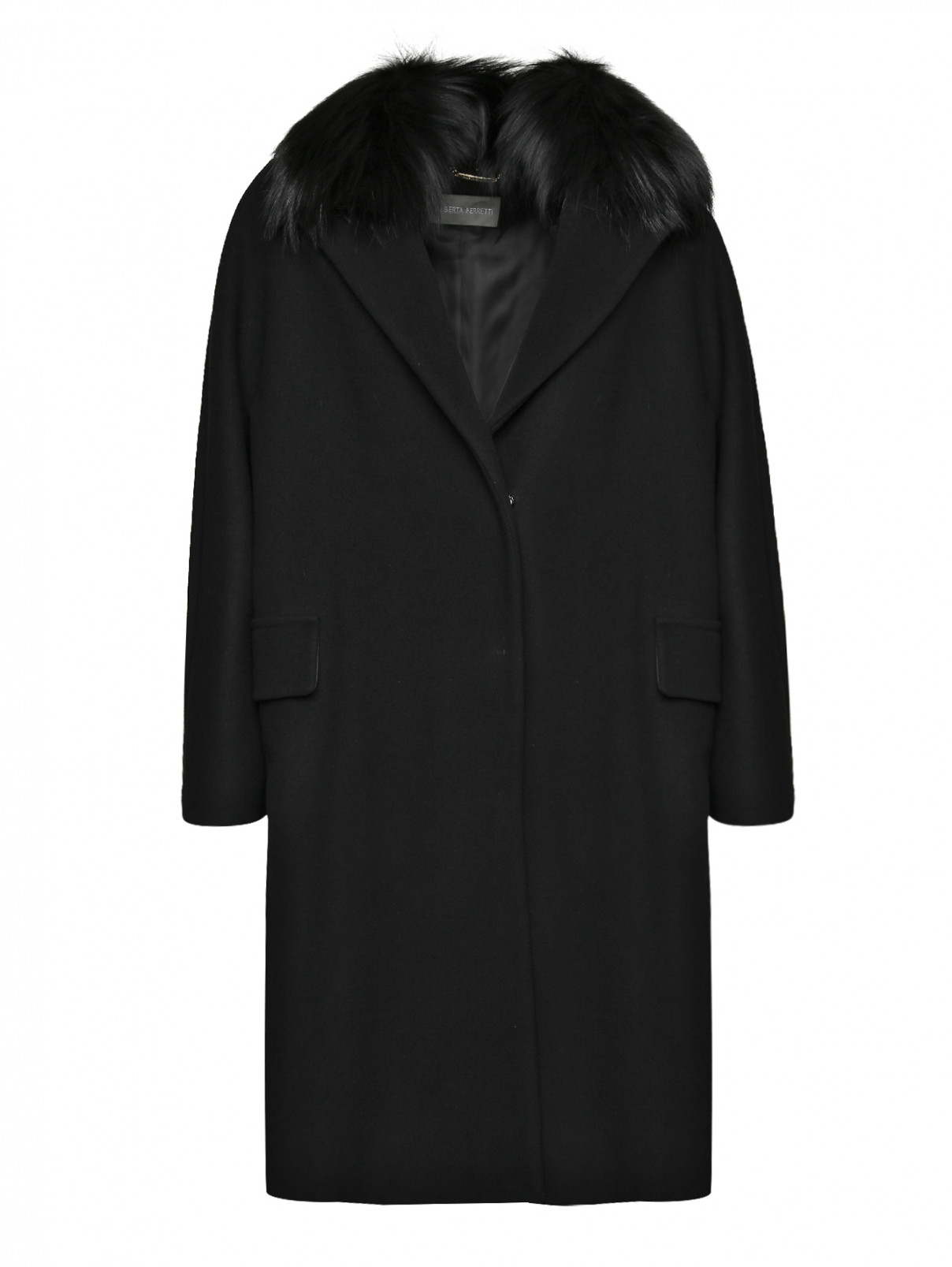 Пальто шерстяное с меховой отделкой по воротнику Alberta Ferretti  –  Общий вид  – Цвет:  Черный