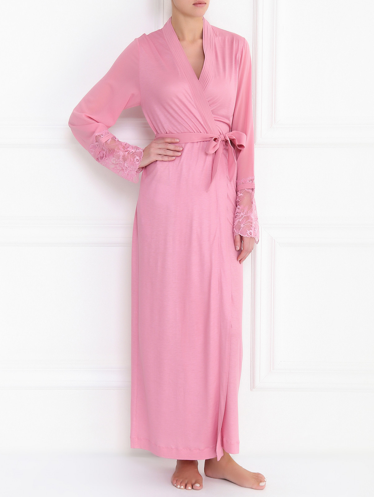 Удлиненный халат с кружевной отделкой La Perla  –  Модель Общий вид  – Цвет:  Розовый