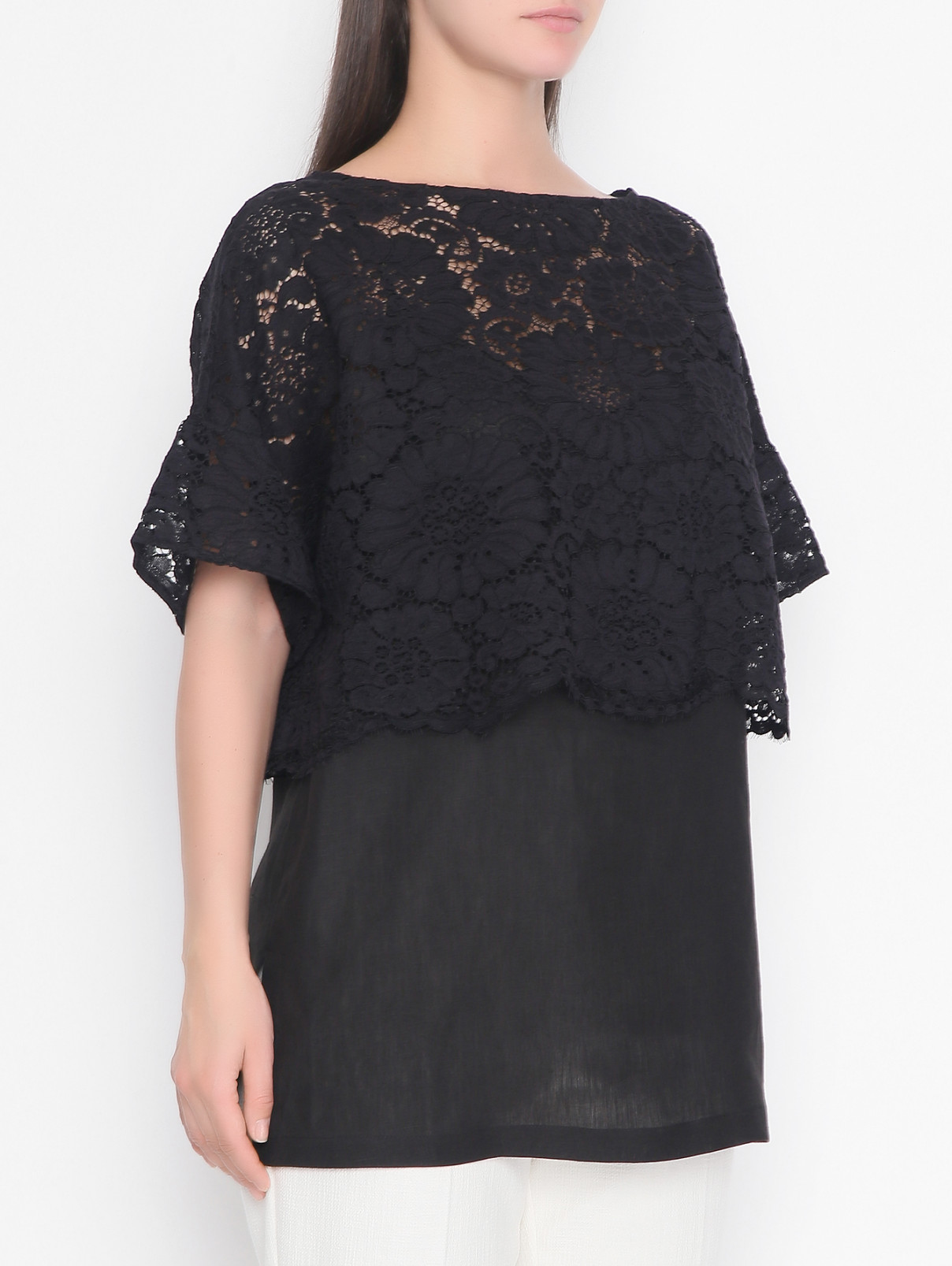 Укороченная блуза из кружева с подкладом из льна Marina Rinaldi  –  МодельВерхНиз  – Цвет:  Черный