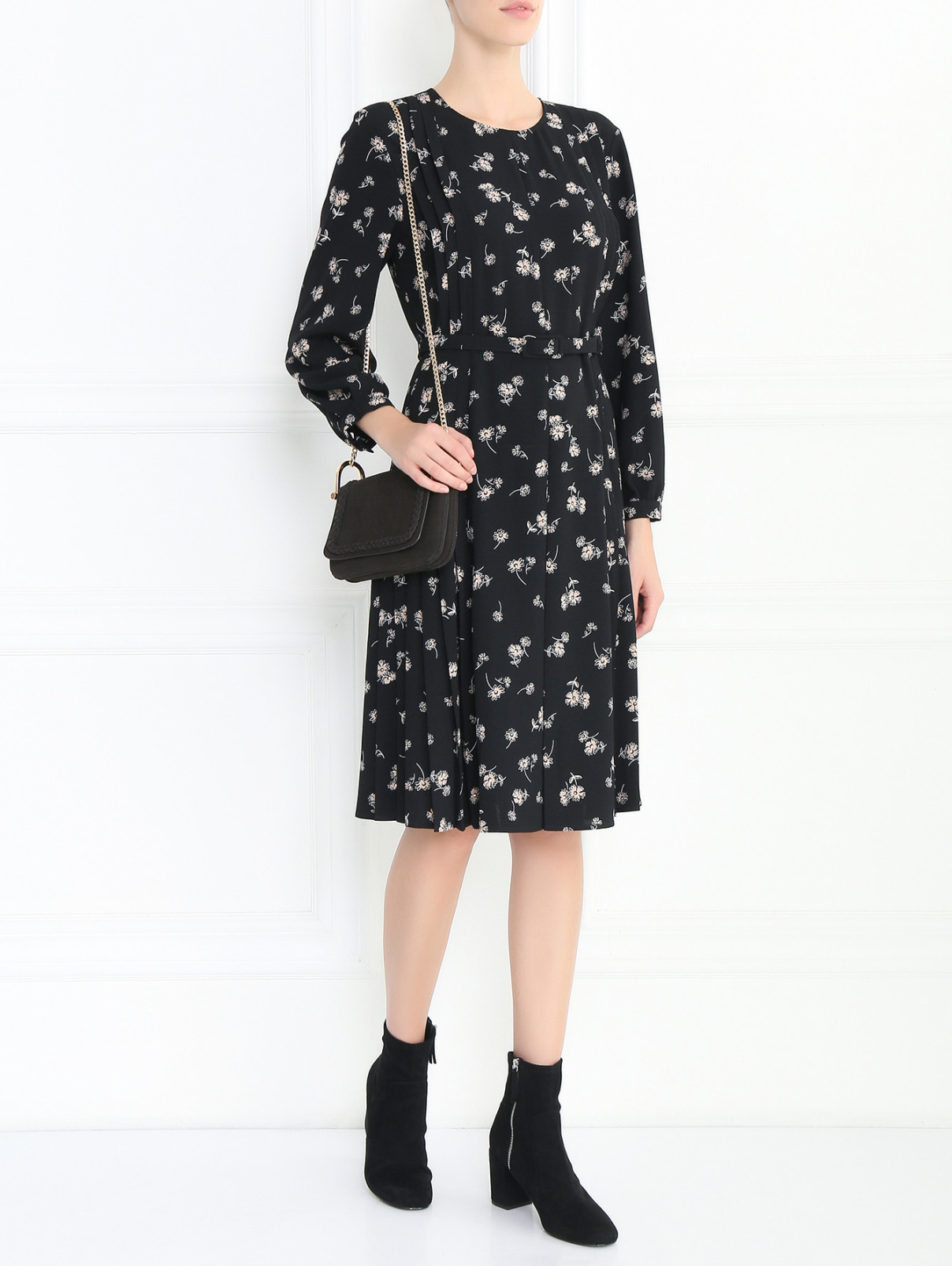 Платье с цветочным узором и поясом Max Mara  –  Модель Общий вид  – Цвет:  Черный