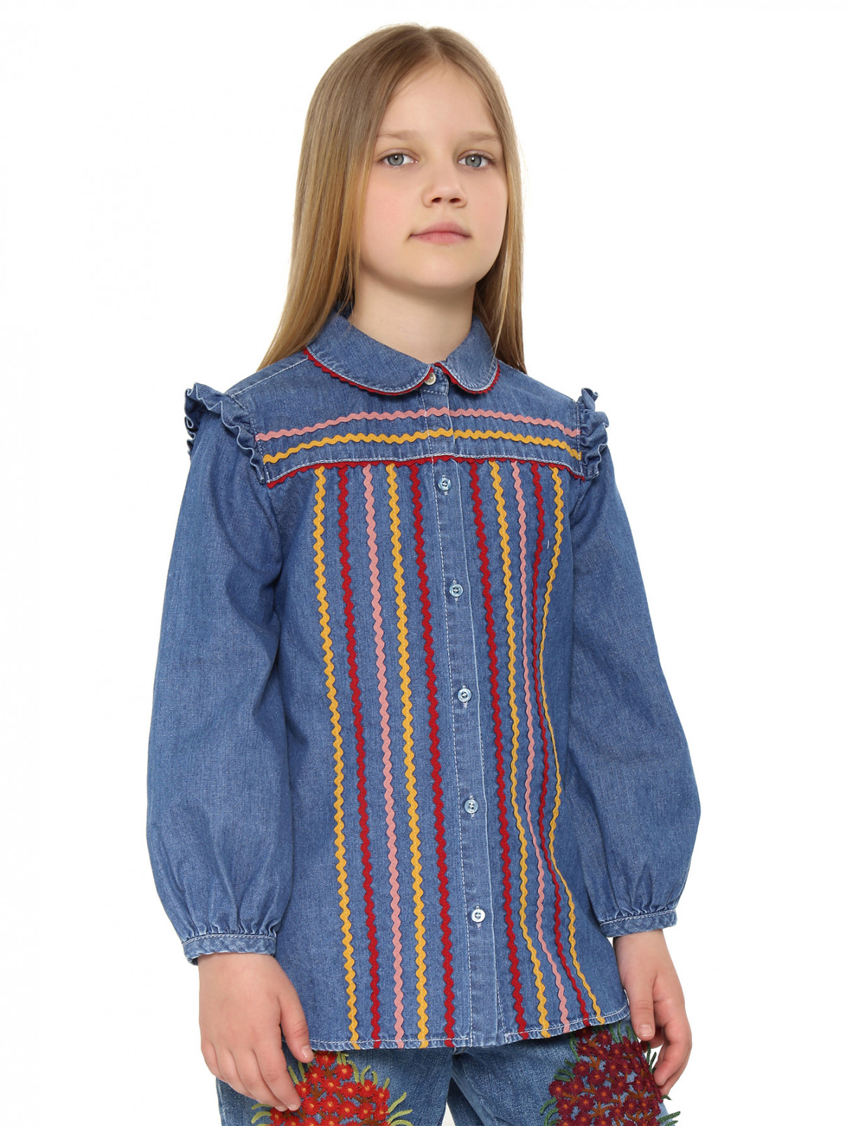 Рубашка из денима с контрастной отделкой Gucci  –  Модель Верх-Низ  – Цвет:  Синий