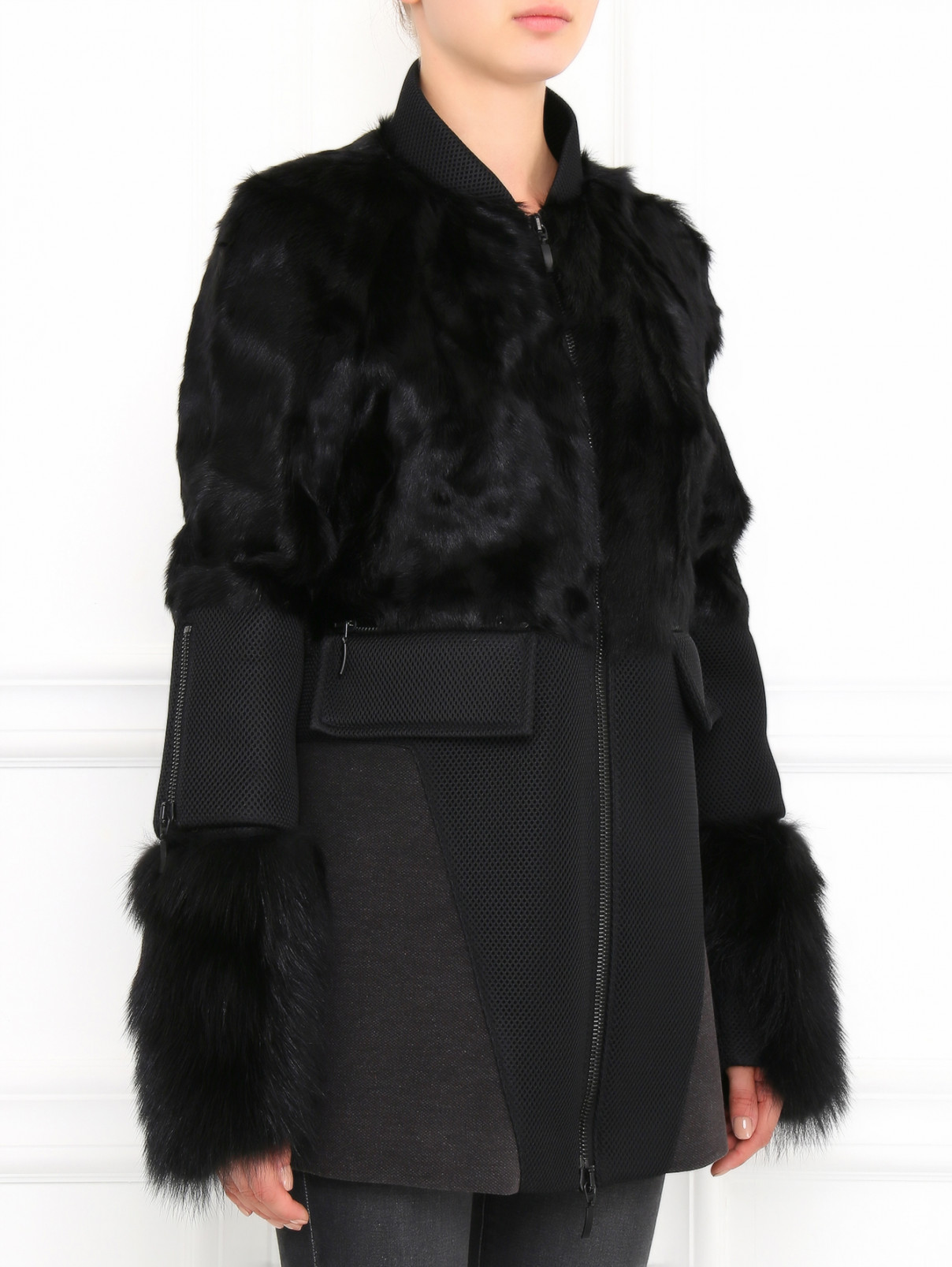 Пальто из хлопка с меховыми вставками Fabio Gavazzi  –  Модель Верх-Низ  – Цвет:  Черный