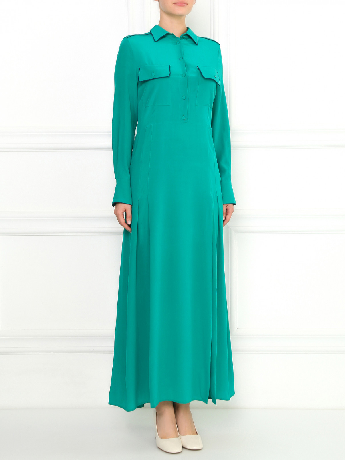 Шелковое макси платье-рубашка с разрезом Aquilano Rimondi  –  Модель Общий вид  – Цвет:  Зеленый