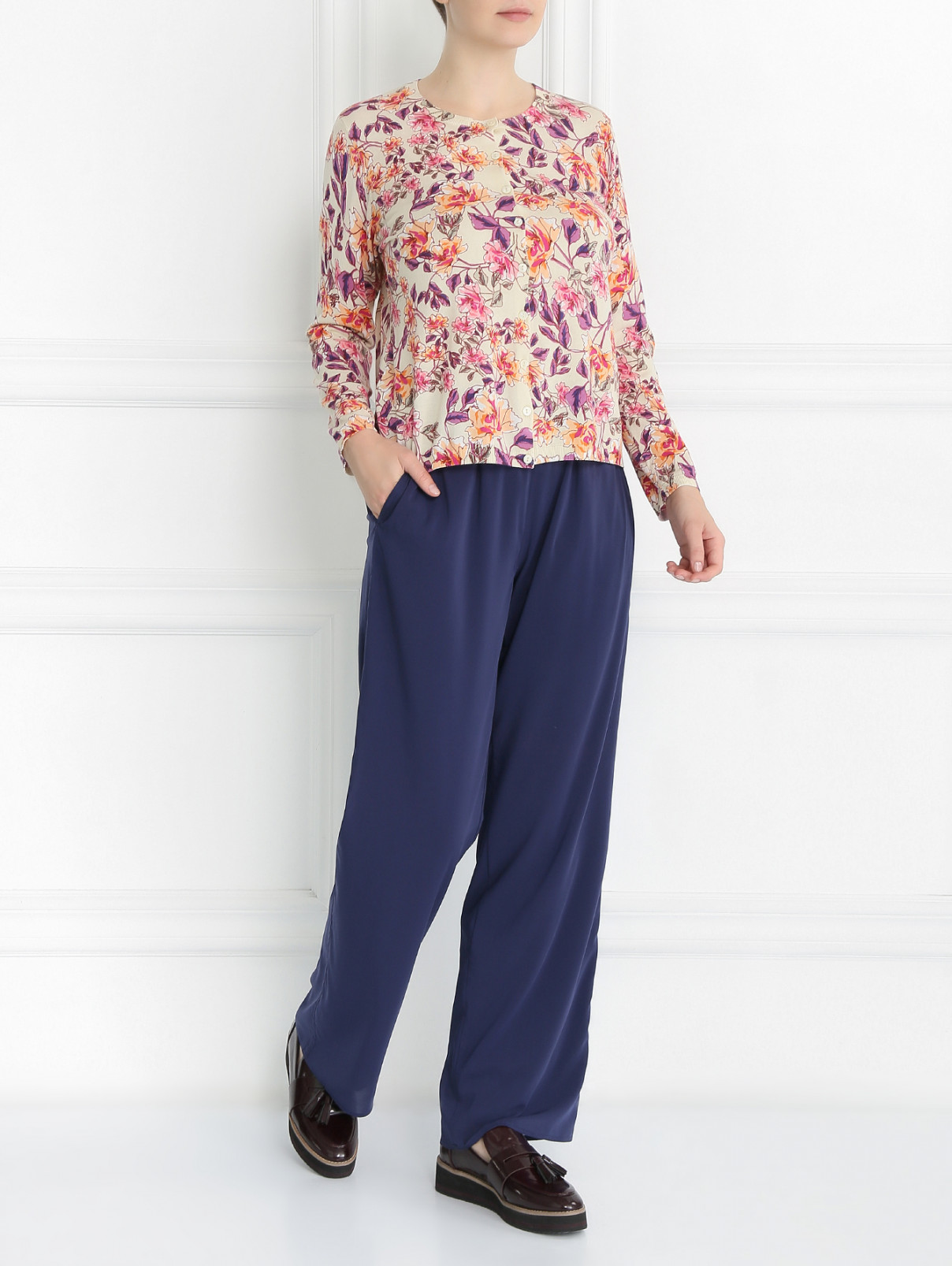 Широкие брюки прямого кроя на эластичном поясе Marina Rinaldi  –  Модель Общий вид  – Цвет:  Синий