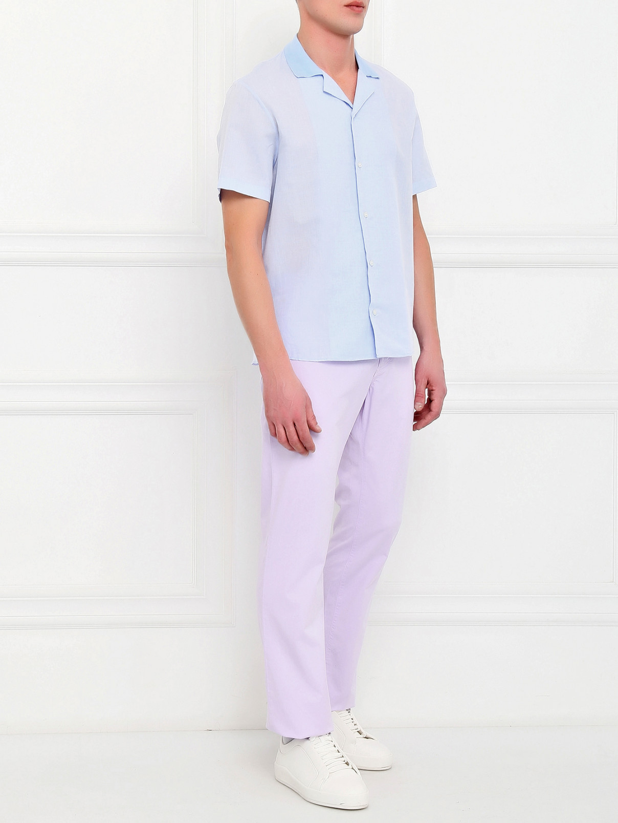 Рубашка из хлопка и льна с коротким рукавом Emporio Armani  –  Модель Общий вид  – Цвет:  Синий