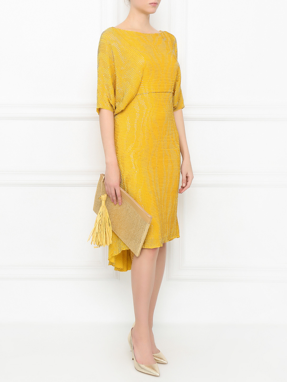Платье-миди декорированное бисером Jenny Packham  –  Модель Общий вид  – Цвет:  Золотой