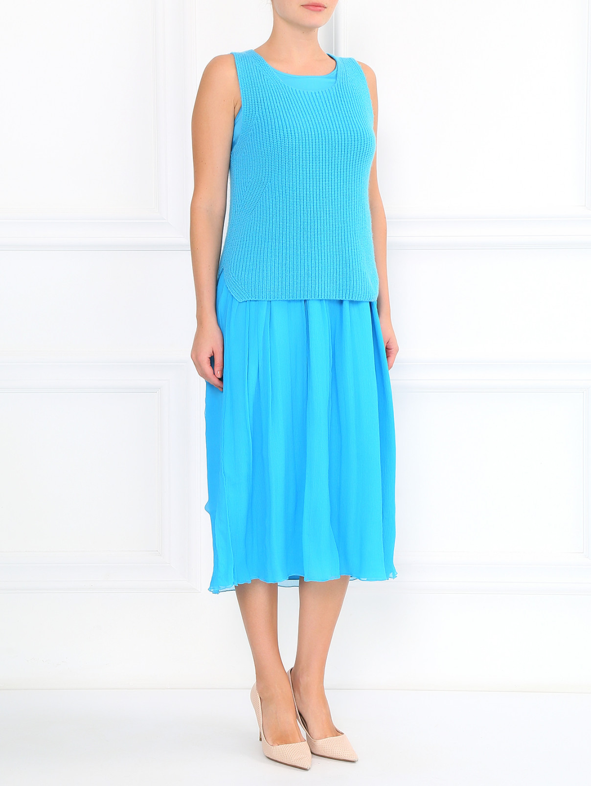 Платье из шелка в комплекте с жилетом из кашемира Ermanno Scervino  –  Модель Общий вид  – Цвет:  Синий