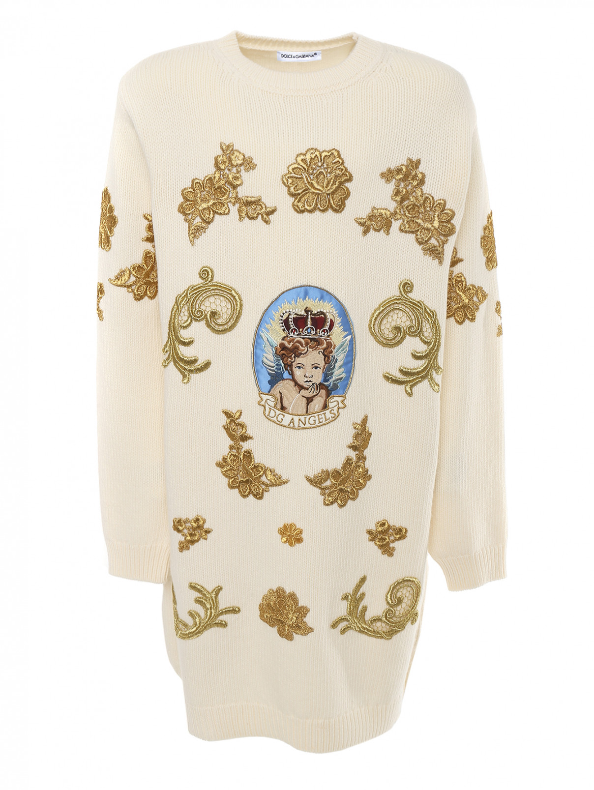 Платье крупной вязки с аппликацией Dolce & Gabbana  –  Общий вид  – Цвет:  Белый