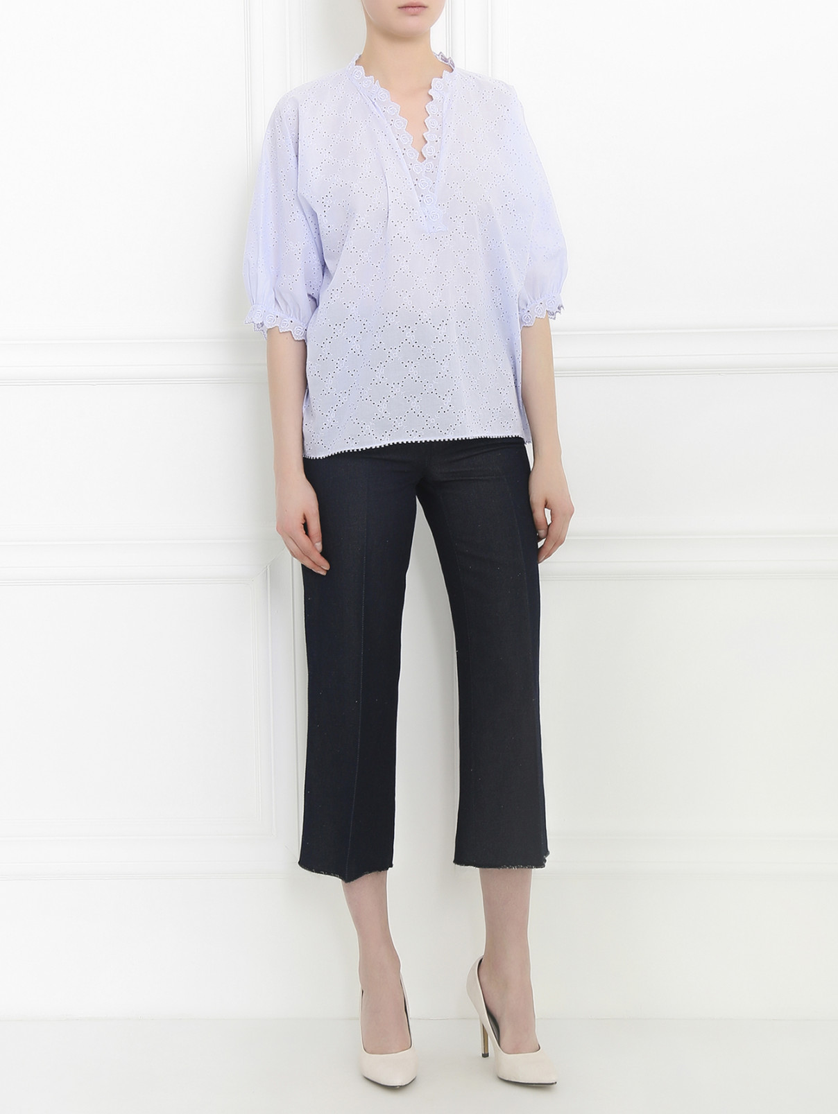 Укороченные брюки из хлопка и льна Dondup  –  Модель Общий вид  – Цвет:  Синий