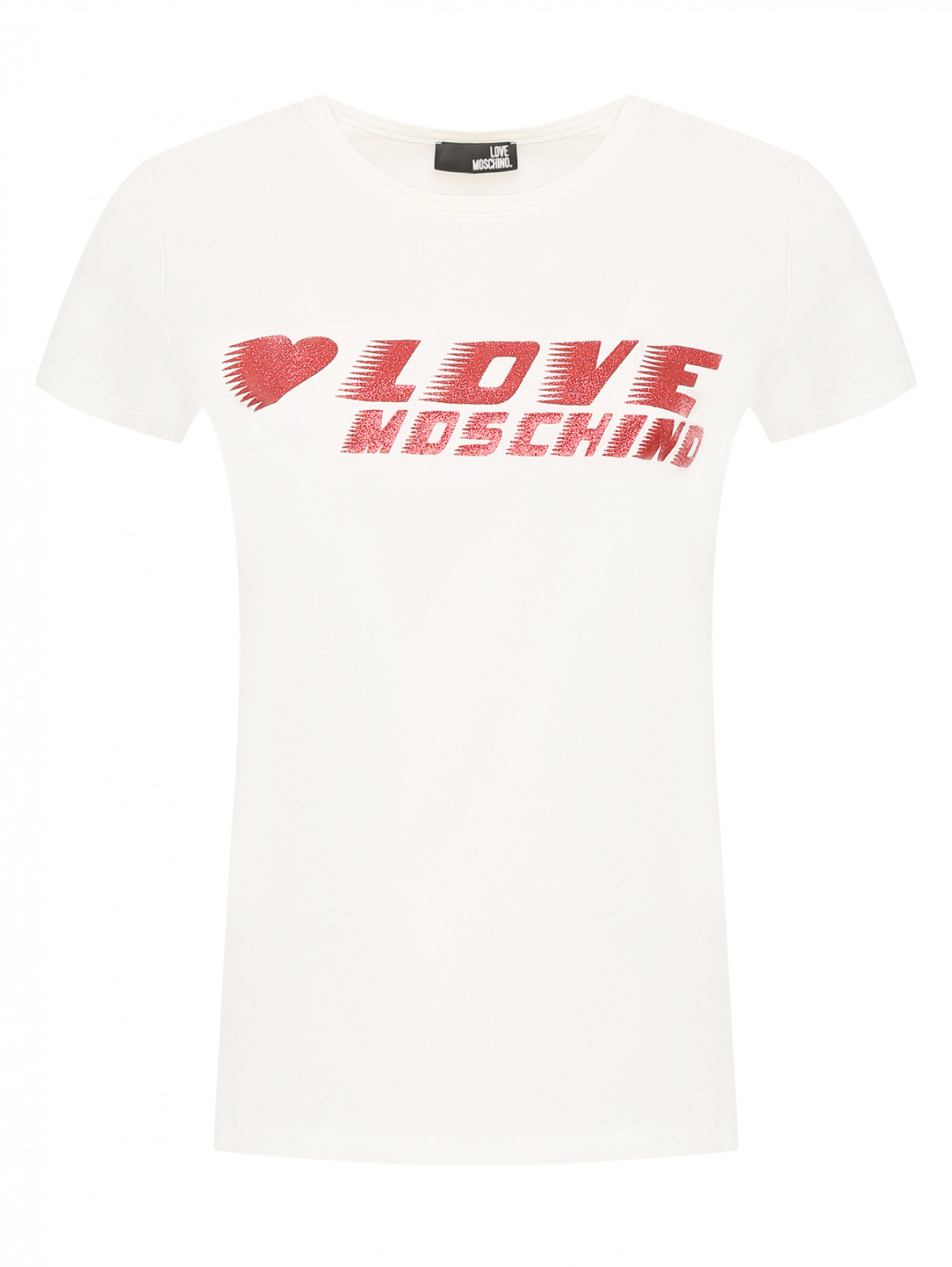 Хлопковая футболка с блестящим принтом Love Moschino  –  Общий вид  – Цвет:  Белый
