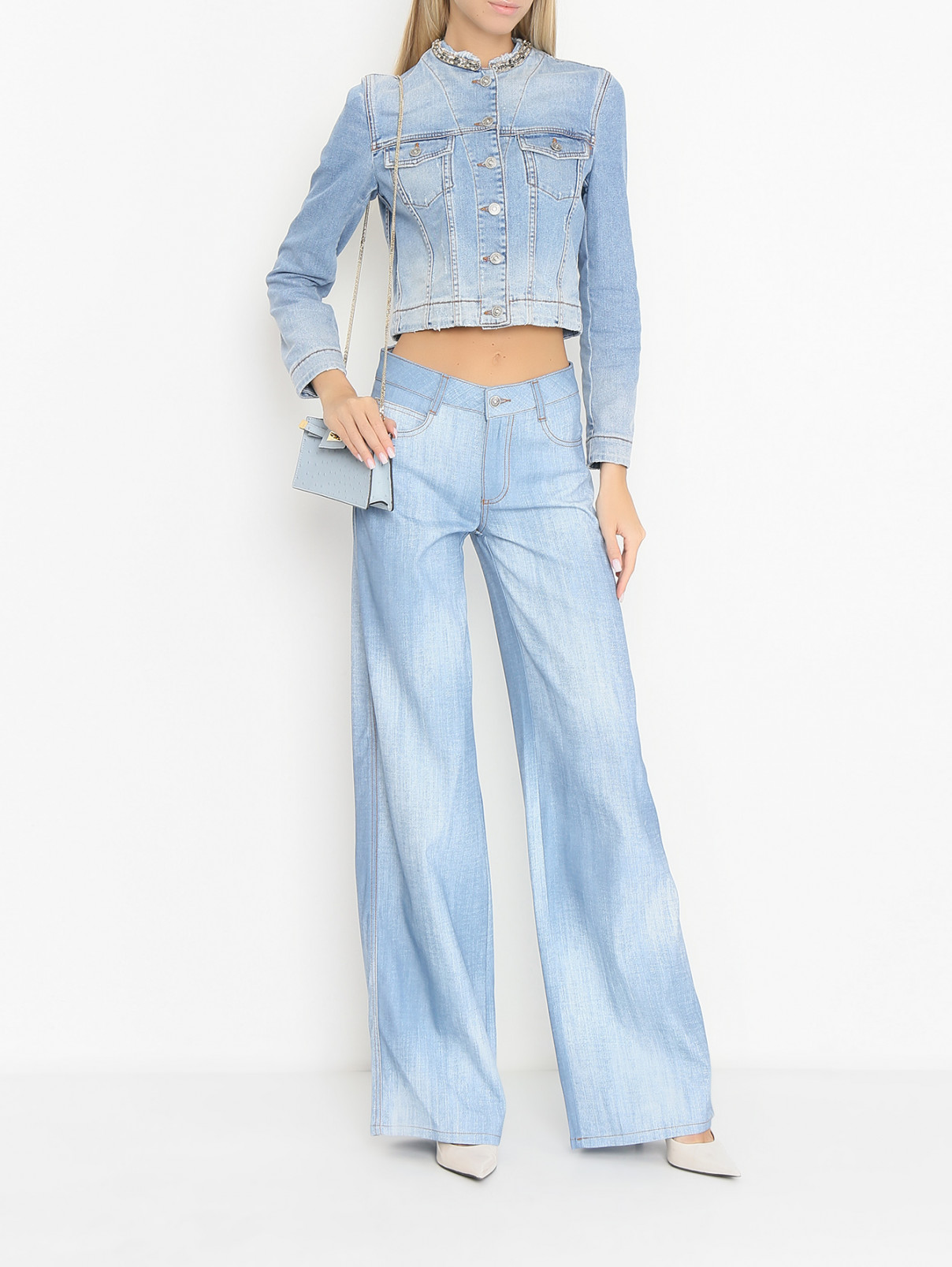 Укороченная джинсовая куртка Ermanno Scervino  –  МодельОбщийВид  – Цвет:  Синий
