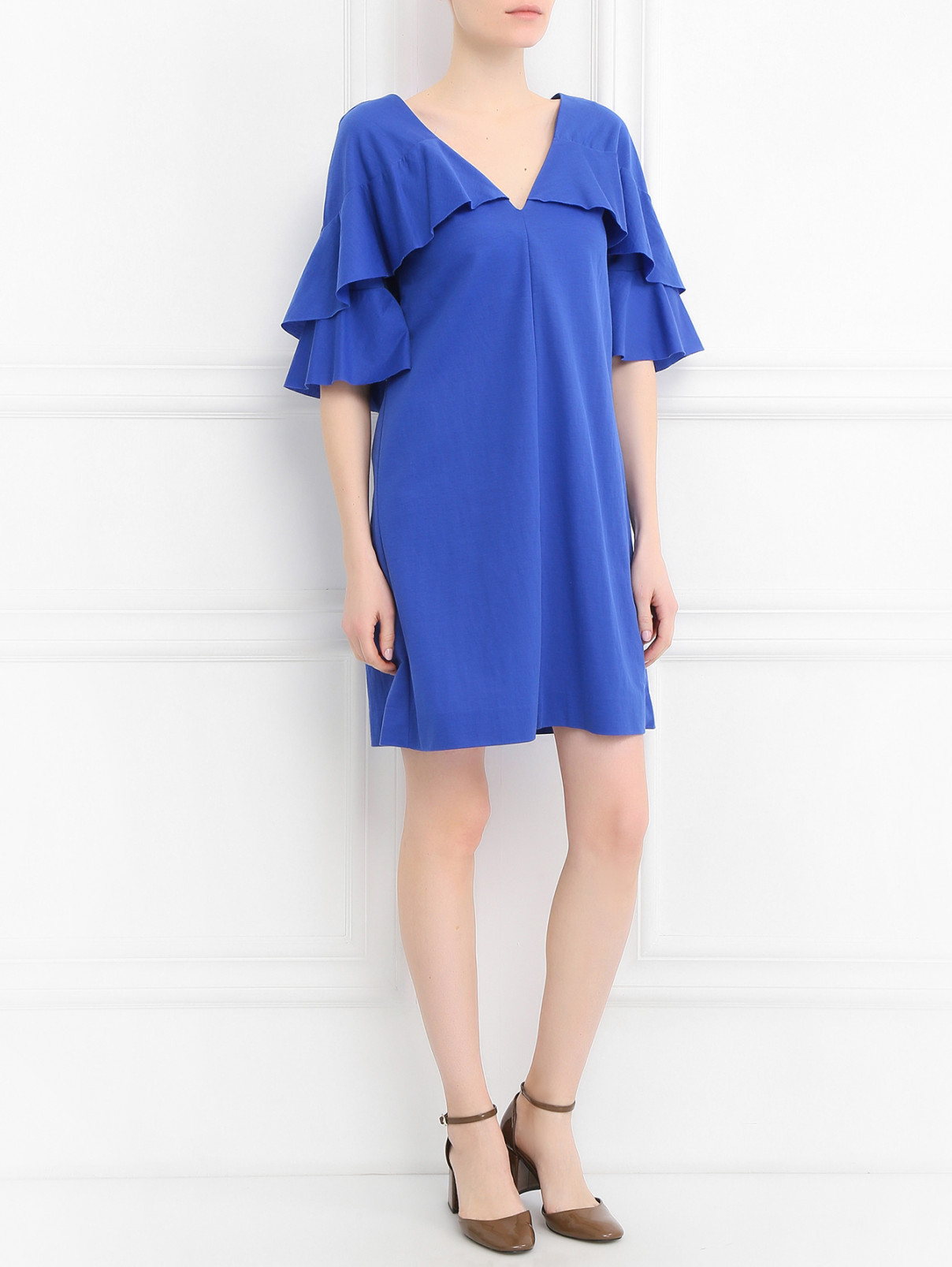 Платье-мини свободного кроя с воланами Dorothee Schumacher  –  Модель Общий вид  – Цвет:  Синий