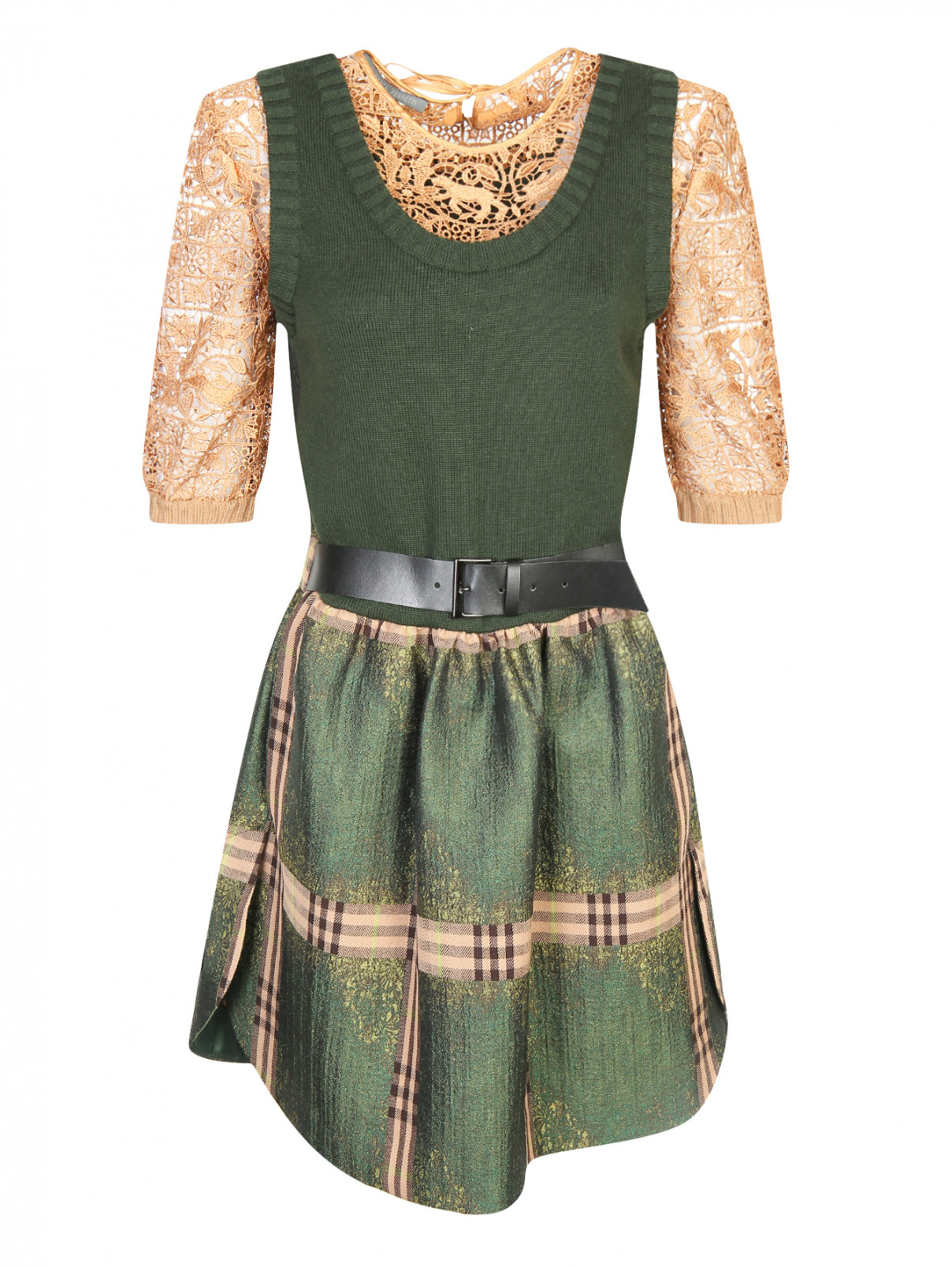 Платье-мини с узором и кружевной отделкой Alberta Ferretti  –  Общий вид  – Цвет:  Зеленый