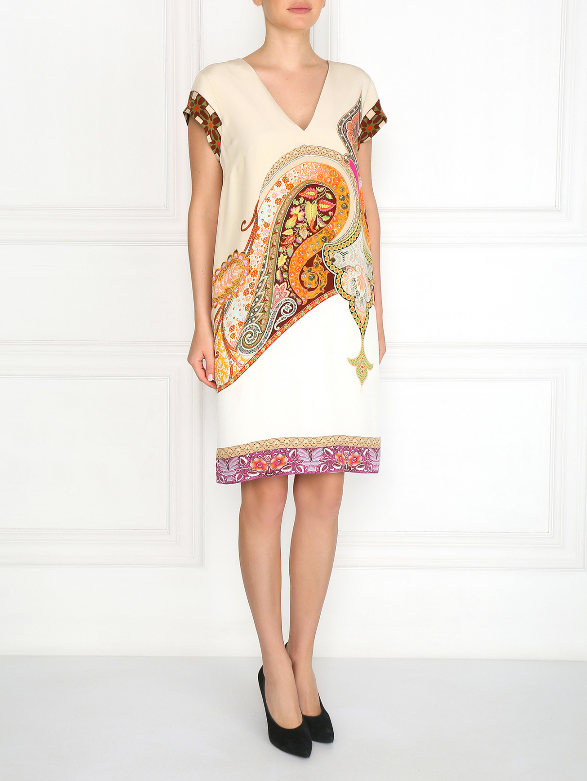 Платье-мини из шелка с узором "пейсли" и боковыми карманами Etro  –  Модель Общий вид  – Цвет:  Бежевый