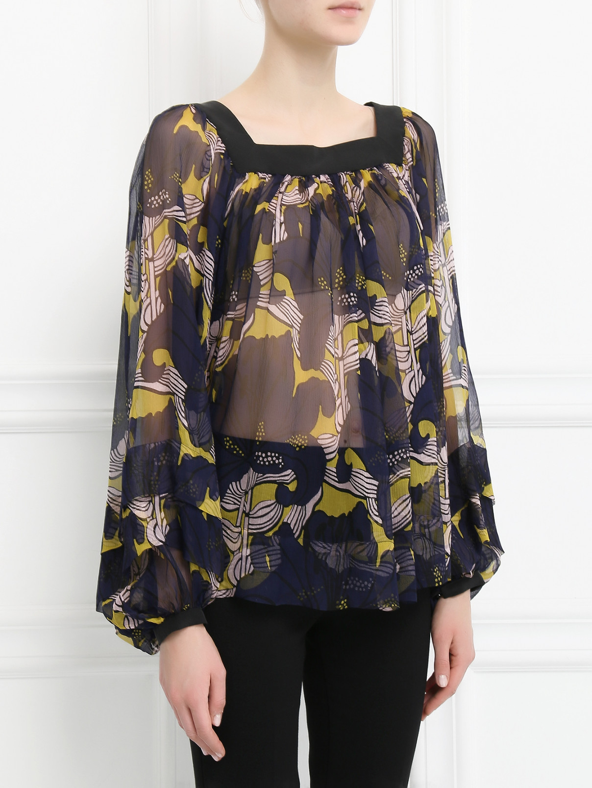 Блуза из шелка свободного кроя с цветочным узором Tara Jarmon  –  Модель Верх-Низ  – Цвет:  Синий