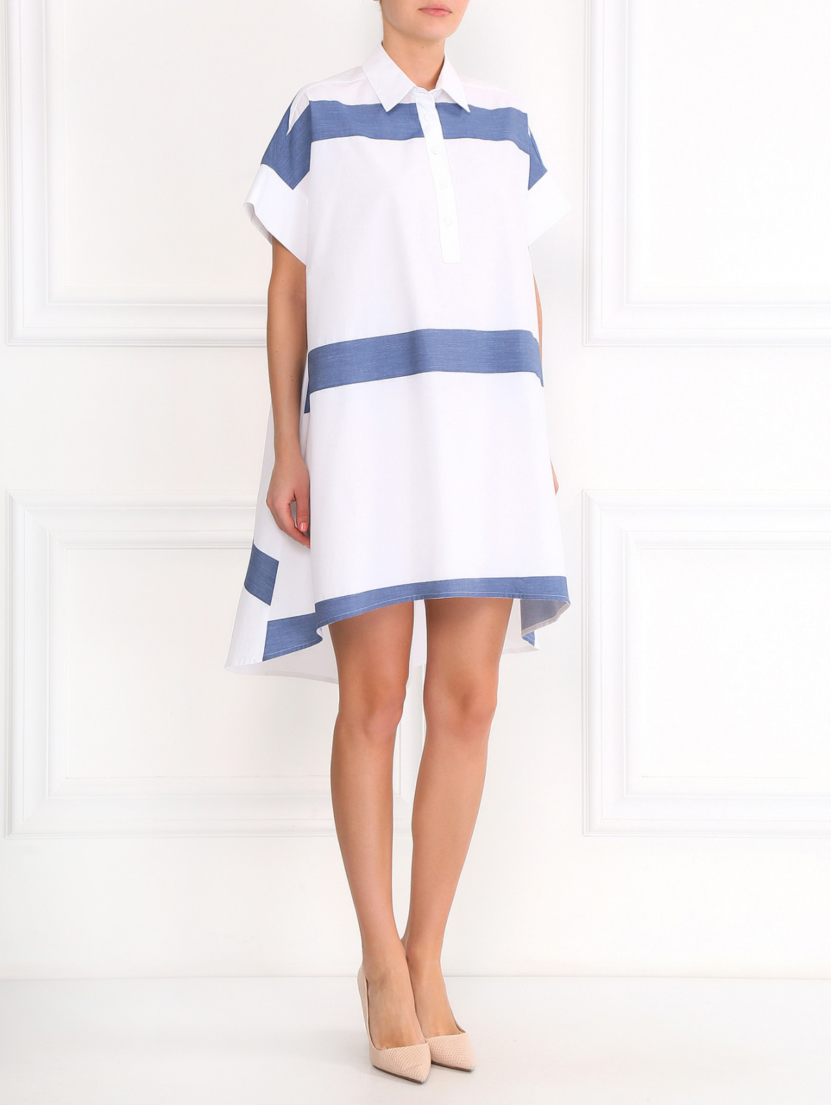 Свободное платье-мини из хлопка с узором "полоска" Isola Marras  –  Модель Общий вид  – Цвет:  Белый
