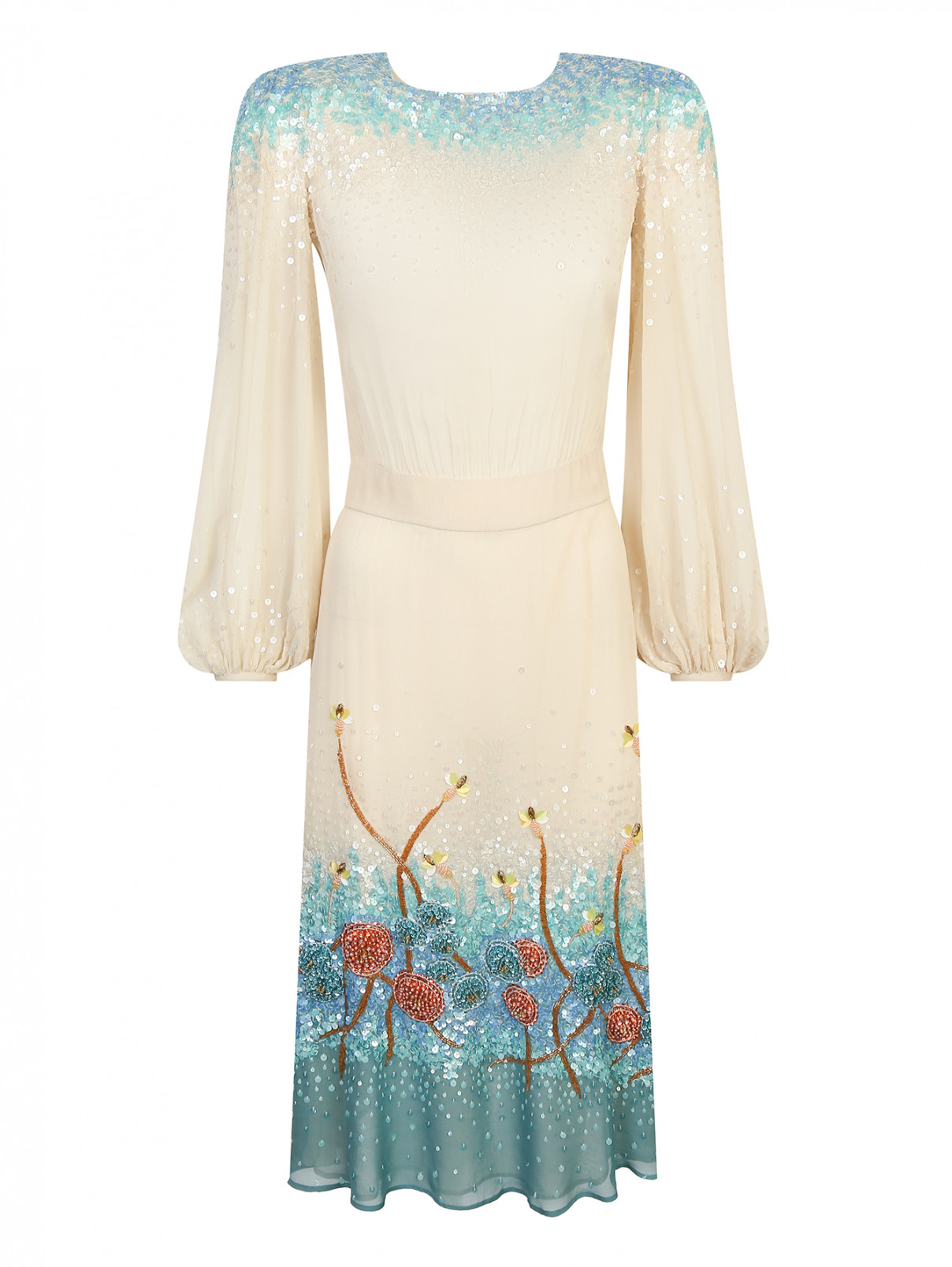 Платье-миди декорированное пайетками Elisabetta Franchi  –  Общий вид  – Цвет:  Бежевый