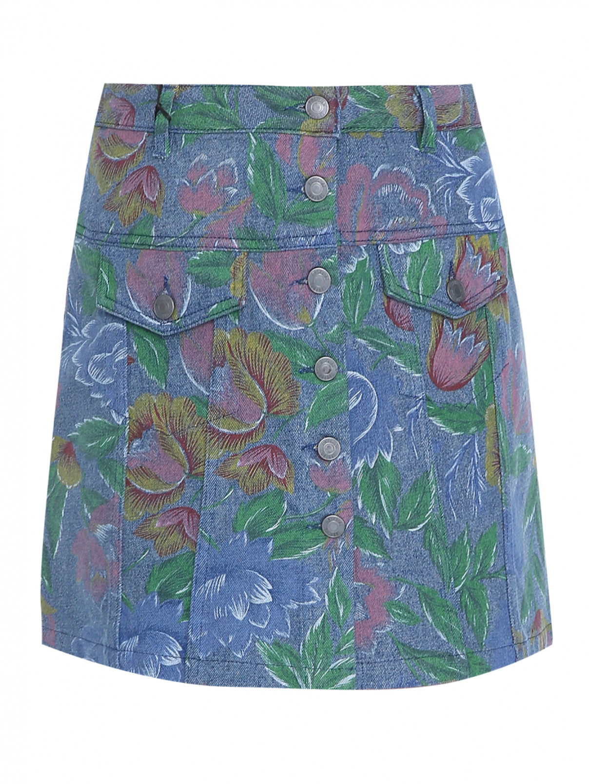 Джинсовая юбка-мини с узором Moschino  –  Общий вид  – Цвет:  Синий