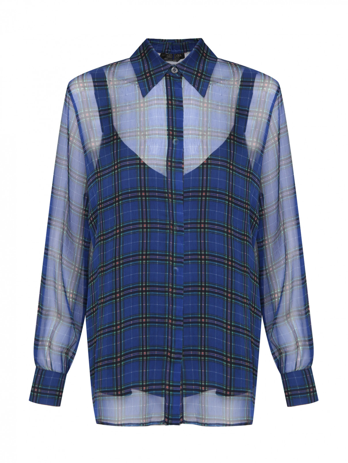 Шелковая рубашка в клетку Marina Rinaldi  –  Общий вид  – Цвет:  Синий