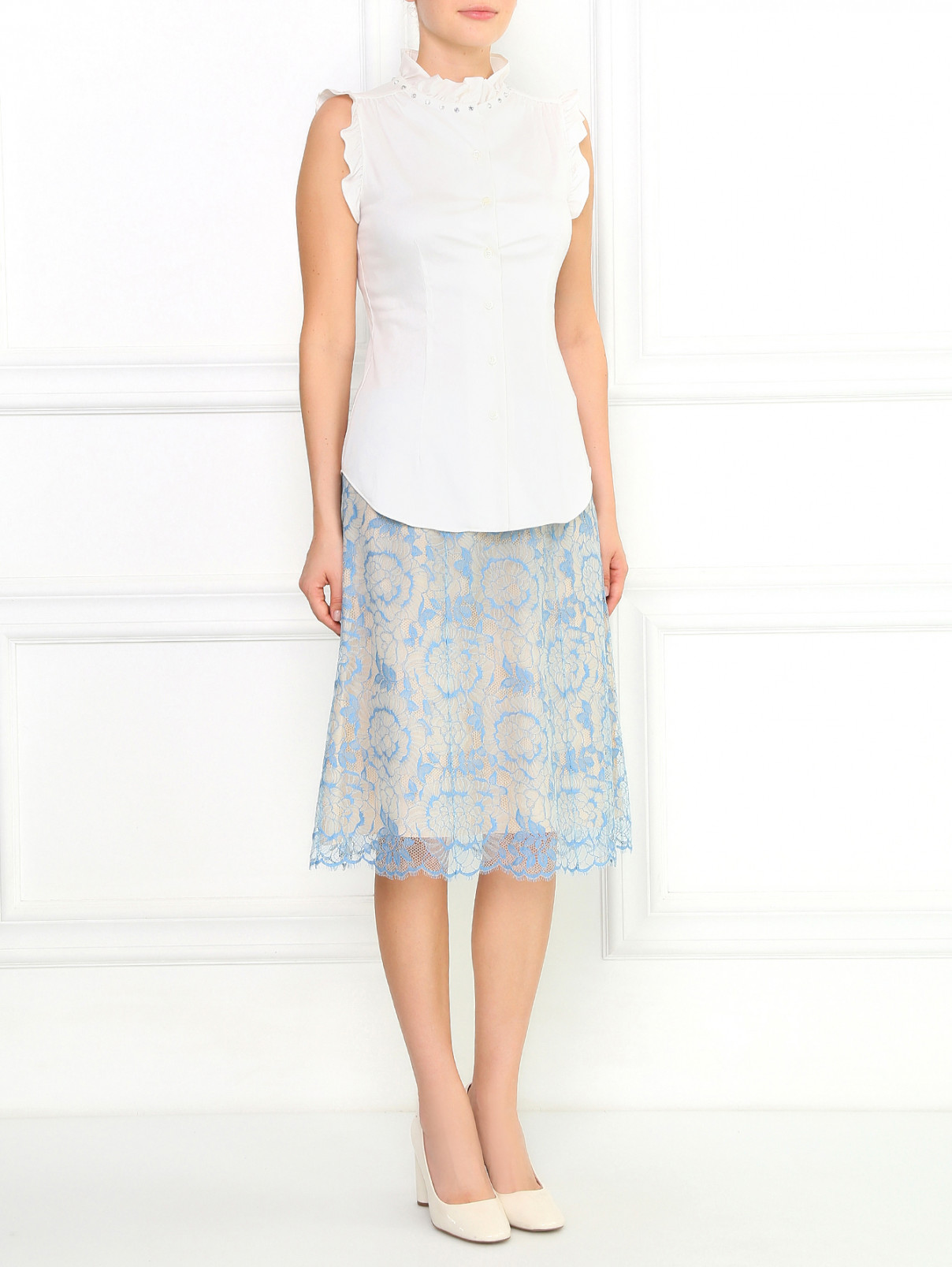 Блуза из хлопка, декорированная стразами Moschino  –  Модель Общий вид  – Цвет:  Белый