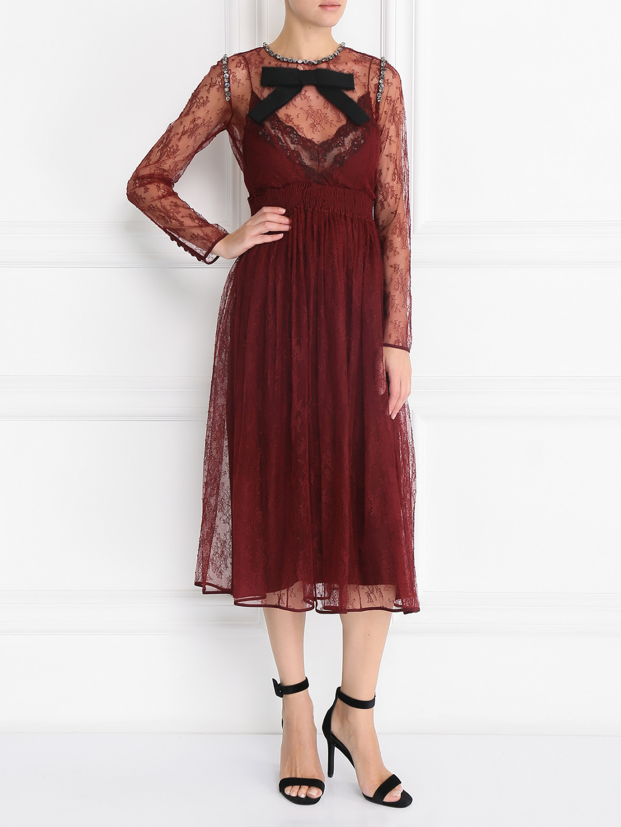 Кружевное платье декорированое стразами N21  –  Модель Общий вид  – Цвет:  Красный